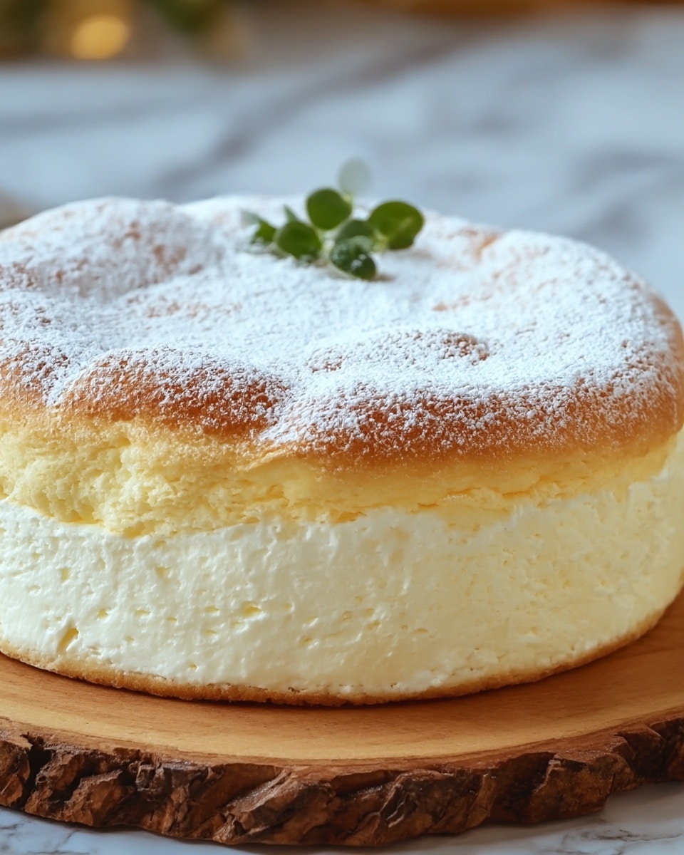 The image shows a fluffy, light cheesecake with one visible layer. The bottom crust is thin and light brown, providing a solid base. The middle layer is thick with soft, airy white cream cheese filling, having a smooth and slightly textured look. The top layer is golden brown, puffy, and dusted with a light powder of white powdered sugar, giving it a soft and cloud-like appearance. There is a small sprig of green leaves placed gently on top for decoration. The cheesecake sits on a wooden serving board with rough edges, against a blurred white marbled surface in the background. Photo taken with an iphone --ar 4:5 --v 7