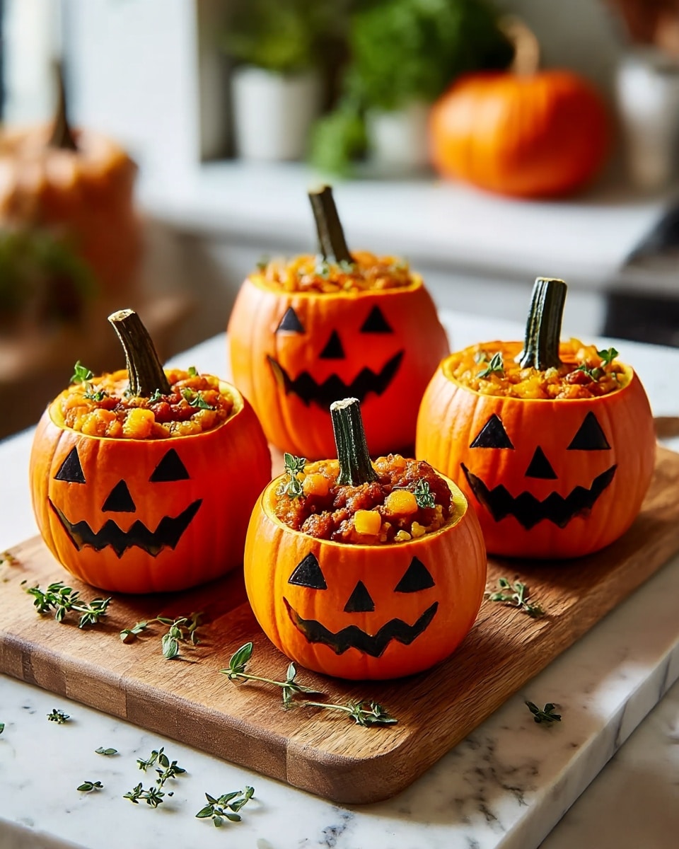 Four small orange pumpkins with jagged smiling faces carved into their front sides sit closely together on a wooden cutting board. Each pumpkin is hollowed out and filled with a chunky mixture of orange, yellow, and brown ingredients that appear roasted, topped with small green herb leaves for garnish. The pumpkins still have their green stems on top, standing upright from the stuffed filling. Bits of fresh green herbs are scattered around the board. The board rests on a white marbled surface, with a blurred kitchen background featuring a pumpkin and plants. photo taken with an iphone --ar 4:5 --v 7