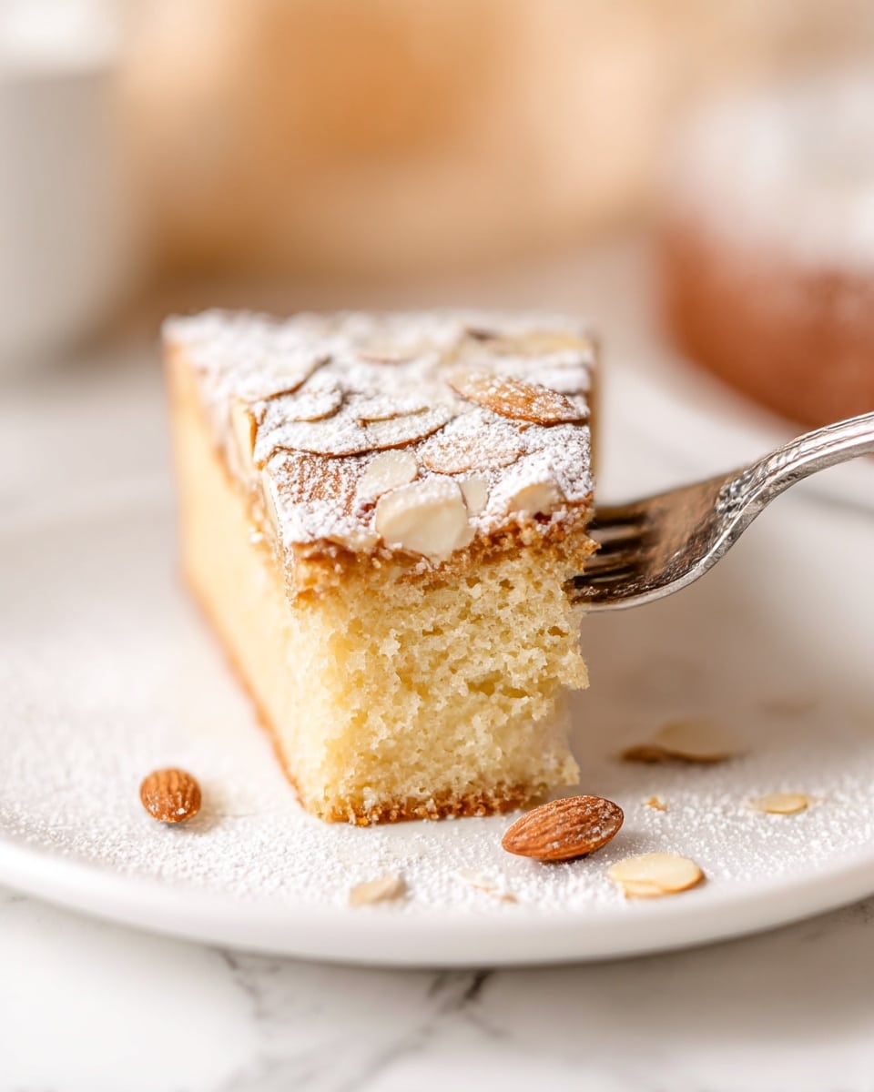 A close-up of a triangular slice of almond cake on a white plate, showing two layers: a light golden, moist cake base with a soft crumb texture, and a top layer covered with thin toasted almond slices dusted heavily with white powdered sugar. A silver fork is gently pressing into the side of the cake, lifting a piece from the tip, and some powdered sugar and almond slices scatter lightly on the plate. The background is softly blurred with warm tones and the surface beneath the plate is a white marbled texture. photo taken with an iphone --ar 4:5 --v 7