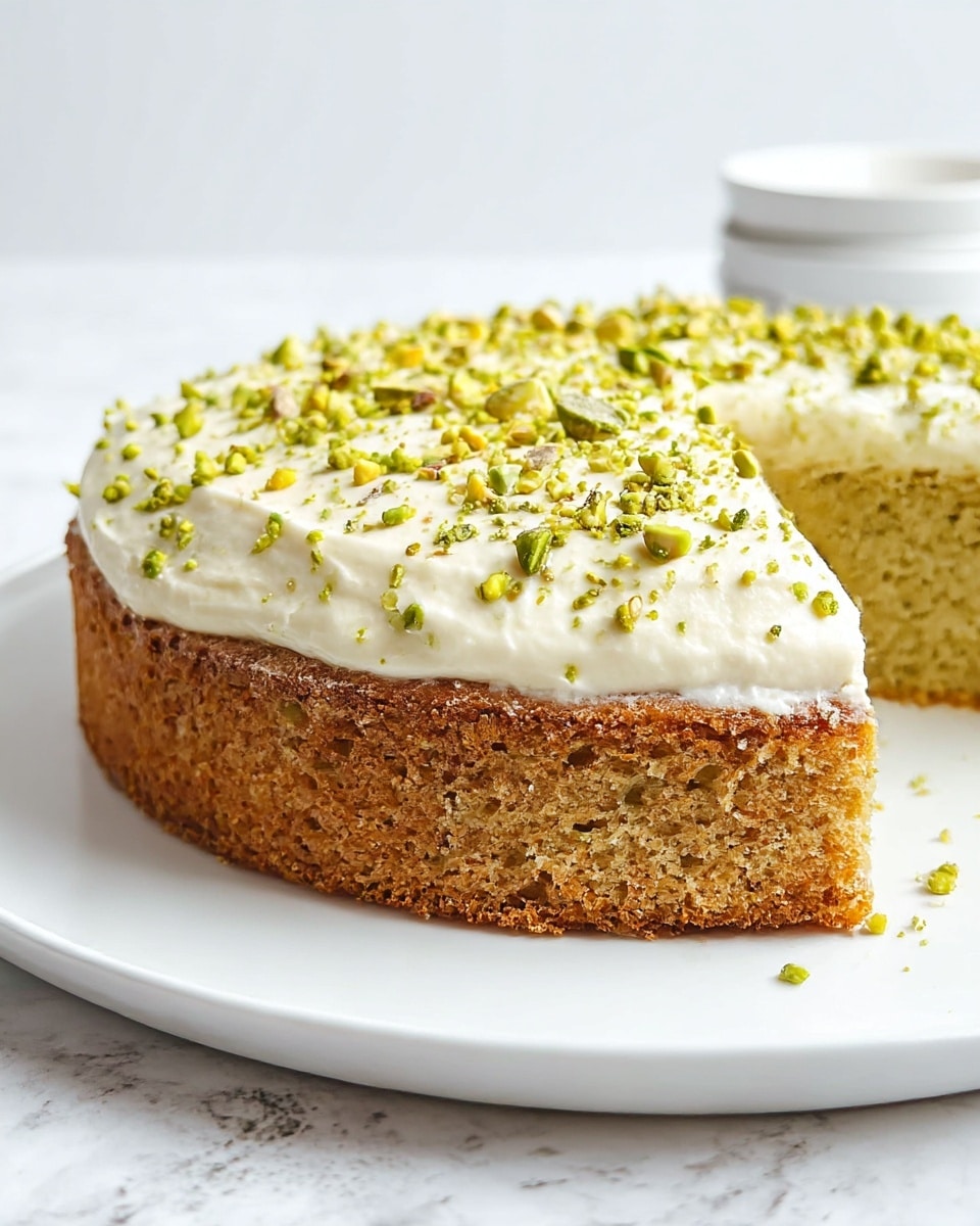 A round cake is displayed on a white plate, showing a thick, dense brown bottom layer, a middle light greenish textured cake layer with small bits inside, and a smooth pale cream top layer covered with finely chopped green nuts scattered evenly across the surface. A single wedge is cut out of the cake, revealing the layers clearly and some crumbs on the plate. The background has a white marbled texture. Photo taken with an iphone --ar 4:5 --v 7