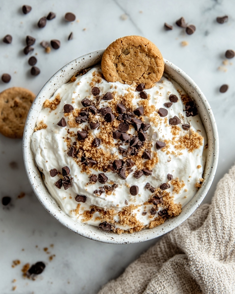 A white speckled bowl filled with a creamy white whipped mixture as the base layer, topped unevenly with scattered dark brown chocolate chips and light brown cookie crumbs, creating a textured look. On the edge of the bowl, a small round chocolate chip cookie is placed. The bowl rests on a white marbled surface with more chocolate chips and cookie crumbs scattered around, accompanied by a soft, beige knitted cloth on the side. photo taken with an iphone --ar 4:5 --v 7