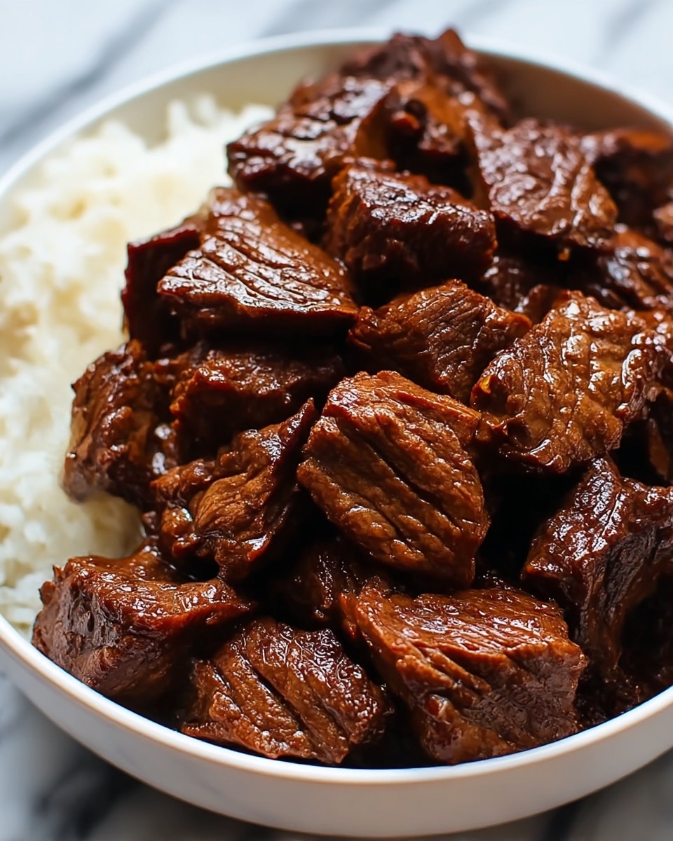 The image shows a close-up of a bowl filled mostly with dark brown, shiny, cooked beef cubes that have a slightly rough texture and some visible grill marks. The beef pieces are piled high and fill most of the white bowl. On one side, there is a small portion of white rice that looks soft and fluffy. The bowl sits on a white marbled surface. Photo taken with an iphone --ar 4:5 --v 7