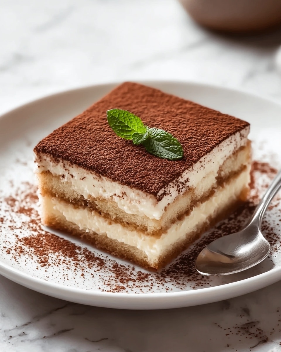 A square piece of tiramisu dessert on a white plate is shown, with three distinct layers. The bottom layer is a light brown sponge cake soaked in coffee, the middle layer is creamy white mascarpone cheese, and the top layer is thickly dusted with dark cocoa powder. A small sprig of green mint leaves decorates the center of the dessert. Cocoa powder is also sprinkled in an irregular pattern on the plate around the tiramisu. A silver spoon rests on the right side of the plate, which is placed on a white marbled surface. photo taken with an iphone --ar 4:5 --v 7