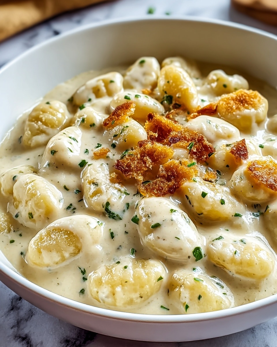 A white bowl filled with small, soft gnocchi pieces covered in a thick, creamy white sauce. On top of the gnocchi, there are small, crispy brown bits giving a crunchy texture, and tiny green parsley flakes sprinkled evenly for color contrast. The sauce looks smooth and rich, lightly coating each gnocchi piece. The bowl sits on a white marbled surface. photo taken with an iphone --ar 4:5 --v 7