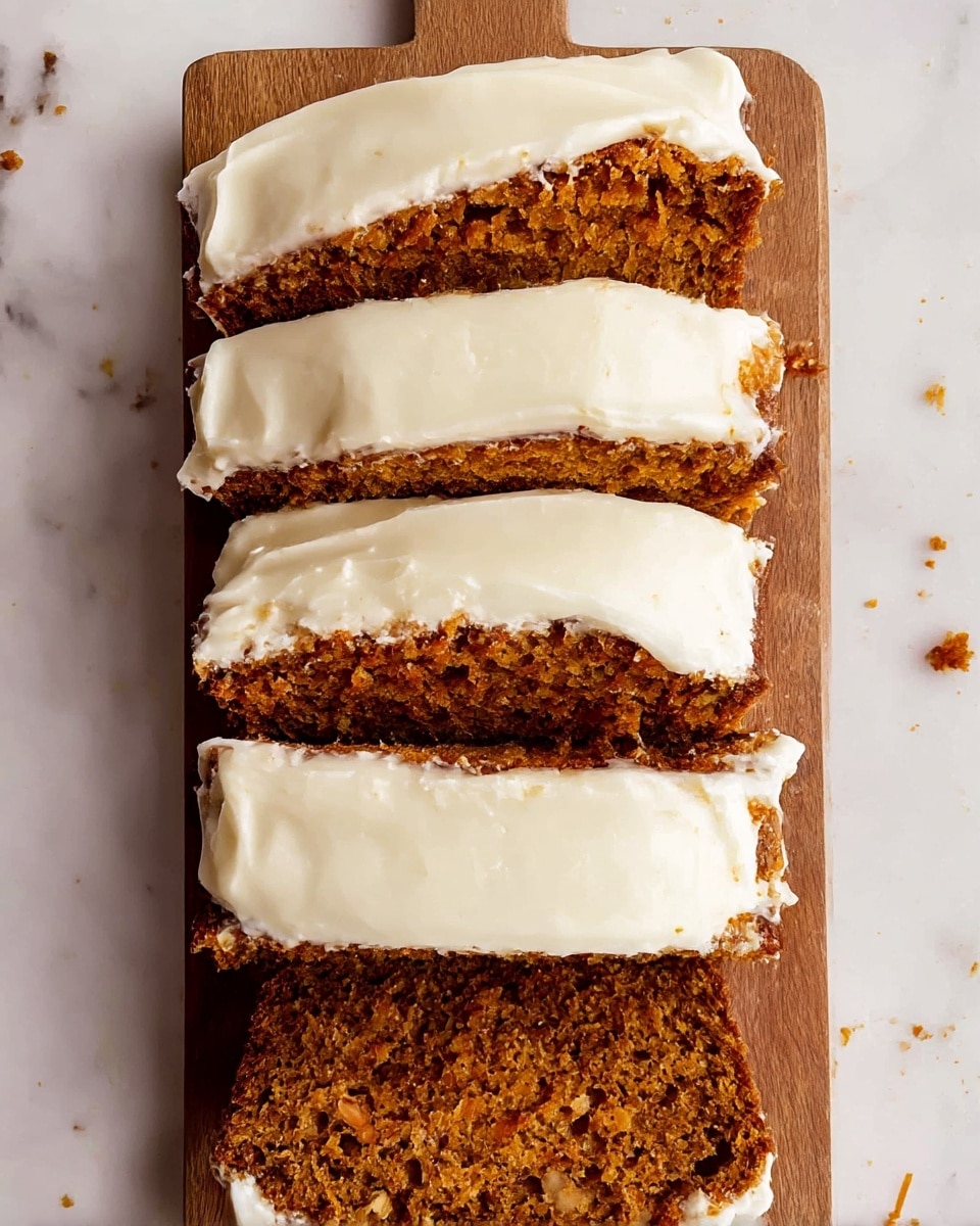 The image shows four slices of moist, brown carrot cake arranged vertically on a rectangular wooden board. Each slice has a thick layer of smooth, white cream cheese frosting spread on the top side, with some frosting slightly dripping down the edges. The cake texture appears dense and slightly crumbly with visible bits of carrot. The board is placed on a white marbled surface that has a few scattered crumbs around. Photo taken with an iphone --ar 4:5 --v 7