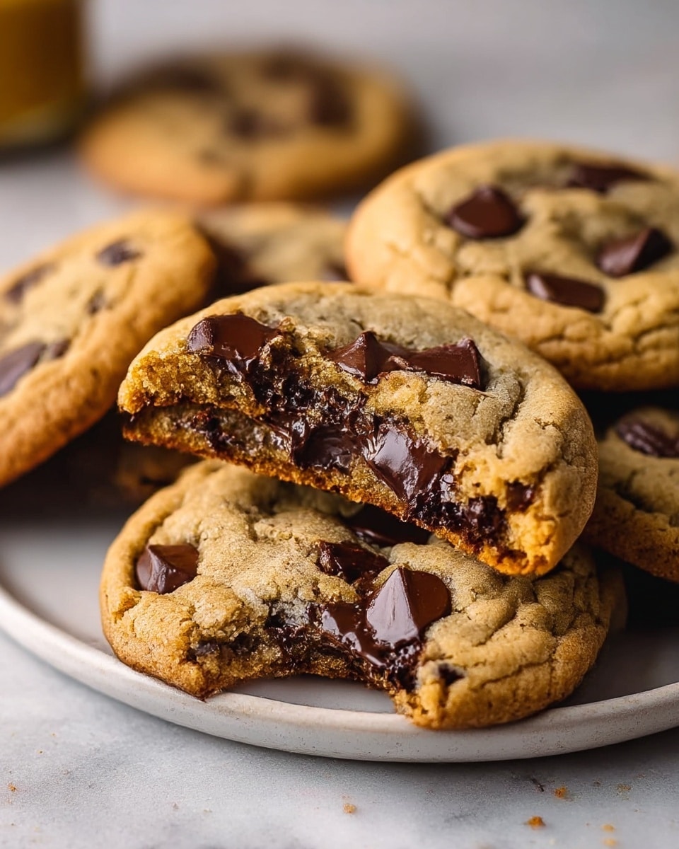 A close-up of several golden brown chocolate chip cookies stacked on a shallow white plate, with one cookie broken in half on top showing a soft, gooey dark chocolate center. The cookies have a slightly cracked surface dotted with large, glossy dark chocolate chips. The scene is set on a white marbled textured surface, and the warm lighting highlights the chewy texture and rich chocolate inside the cookie. photo taken with an iphone --ar 4:5 --v 7