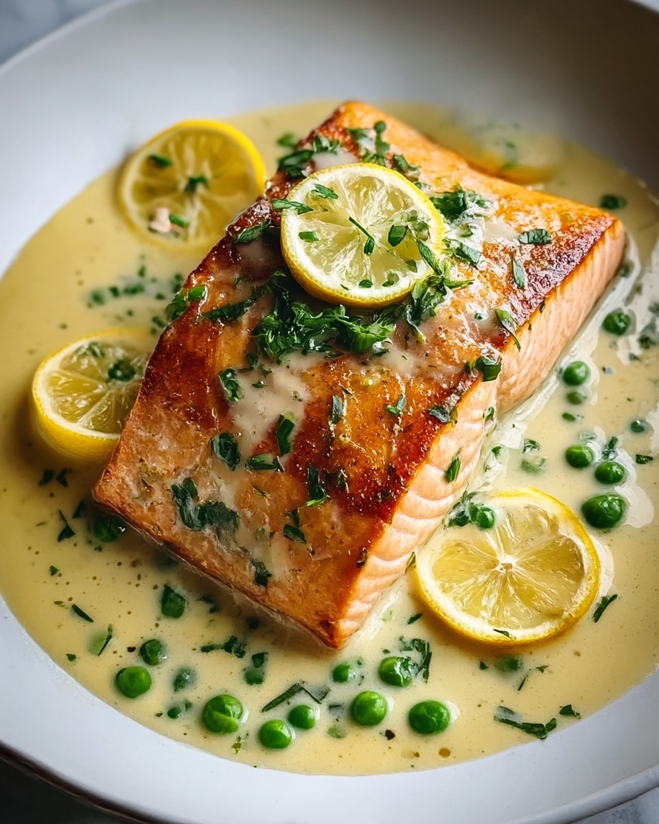 A piece of grilled salmon with a golden brown crust on top sits in the middle of a shallow white plate. The salmon has a light orange-pink color with visible grill marks. On and around the salmon are creamy light yellow sauce drizzles mixed with bright green peas and small chopped green herbs. There are three lemon halves topping and placed around the salmon, their yellow color contrasting with the sauce. The white marbled surface beneath the plate adds a clean, simple background to the dish. photo taken with an iphone --ar 4:5 --v 7