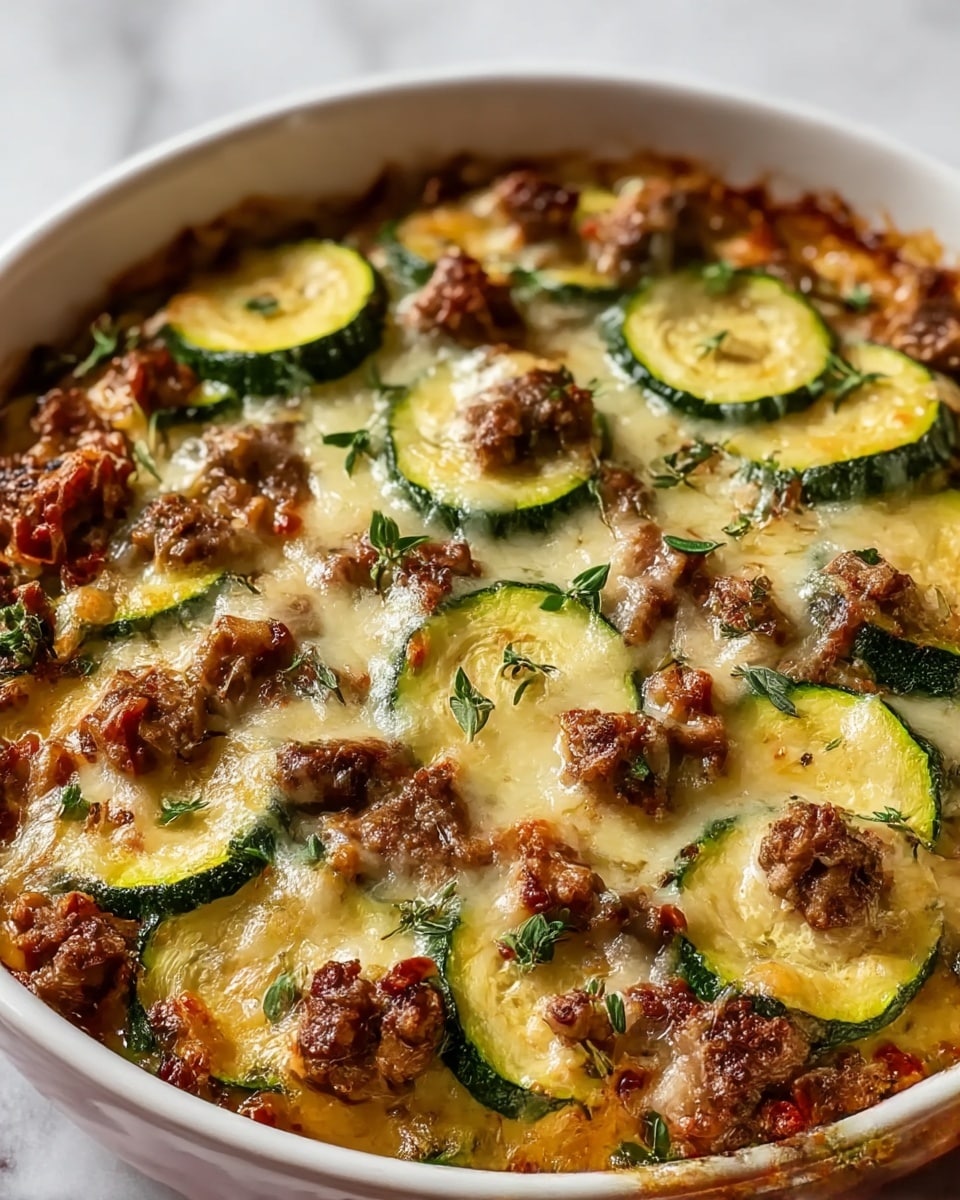 The image shows a close-up of a baked dish in a white ceramic bowl, featuring a single visible layer of green zucchini slices, browned ground meat pieces, melted cheese covering the top, and small green herb leaves scattered on and around the ingredients, all sitting on a white marbled surface. The textures vary from the soft, melted cheese to the firmer zucchini slices and the coarse, browned meat. photo taken with an iphone --ar 4:5 --v 7