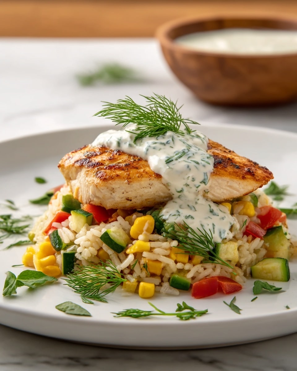 The dish shows three layers on a round white plate placed on a white marbled surface. The bottom layer is cooked rice mixed with small pieces of diced yellow, red, and green vegetables, giving a soft, slightly grainy texture with pops of color. On top of the rice, there is a grilled chicken breast with a golden-brown color and slight char marks, adding a firm texture. The top layer is a creamy white sauce with green herbs, dolloped generously over the chicken, and garnished with a small sprig of fresh dill. Scattered around the dish are fresh green herb leaves for decoration. In the background, a wooden bowl with more creamy sauce can be seen blurred. Photo taken with an iphone --ar 4:5 --v 7