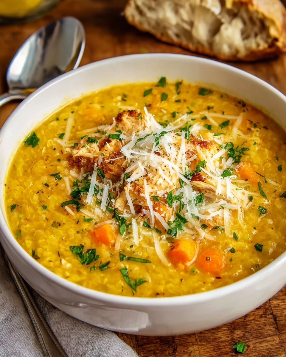 A white bowl filled with thick yellow soup that shows visible grains and small chunks of orange carrots, topped with browned pieces of chicken, white shredded cheese, and scattered green herbs. The bowl sits on a wooden surface with a piece of torn bread visible in the background and a spoon resting nearby. Photo taken with an iphone --ar 4:5 --v 7