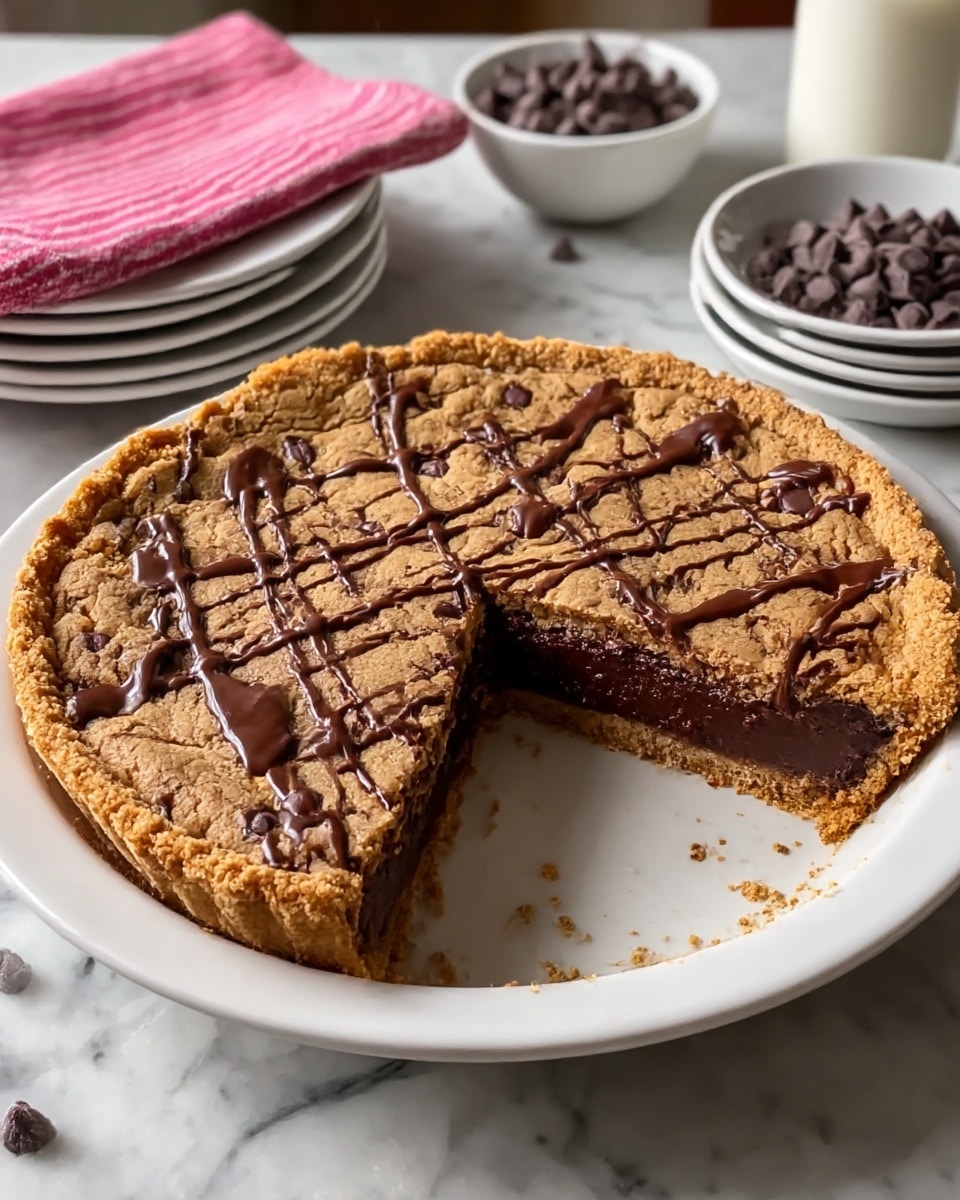 A round pie on a white plate with a crumbly golden brown crust around the edge, filled with a thick, dark, fudgy chocolate layer on the bottom. The top layer is a golden brown cookie dough with chocolate chips embedded throughout and drizzled with rich melted chocolate in zigzag lines. A slice is cut out, showing the contrast between the soft chocolate base and the slightly crunchy cookie top. The pie sits on a white marbled surface with a stack of white plates, a pink striped cloth, a bowl of chocolate chips, and a glass of milk blurred in the background. photo taken with an iphone --ar 4:5 --v 7