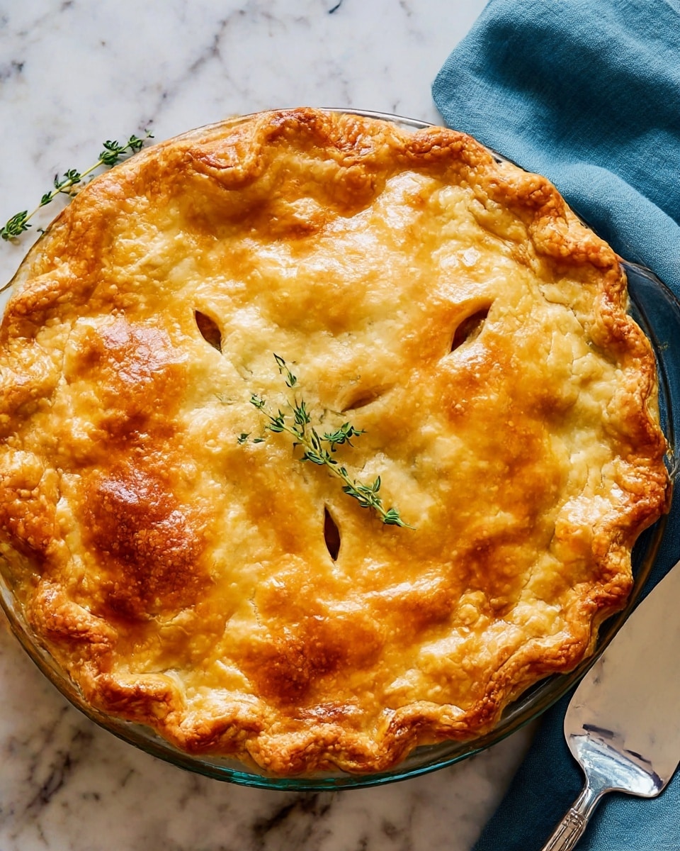 A golden-brown pie with a shiny, smooth top crust that is slightly puffy and uneven in texture, showing some bubbling and darker brown spots around the edges. The pie crust edges are crimped with a simple wave pattern and the crust has three small leaf-shaped slits near the center for ventilation. A small sprig of fresh green thyme rests delicately on top, adding a touch of color and freshness to the warm-toned pastry. The pie sits on a clear glass pie dish placed on a white marbled surface, with a silver pie server and a blue cloth partially visible on the side. Photo taken with an iphone --ar 4:5 --v 7