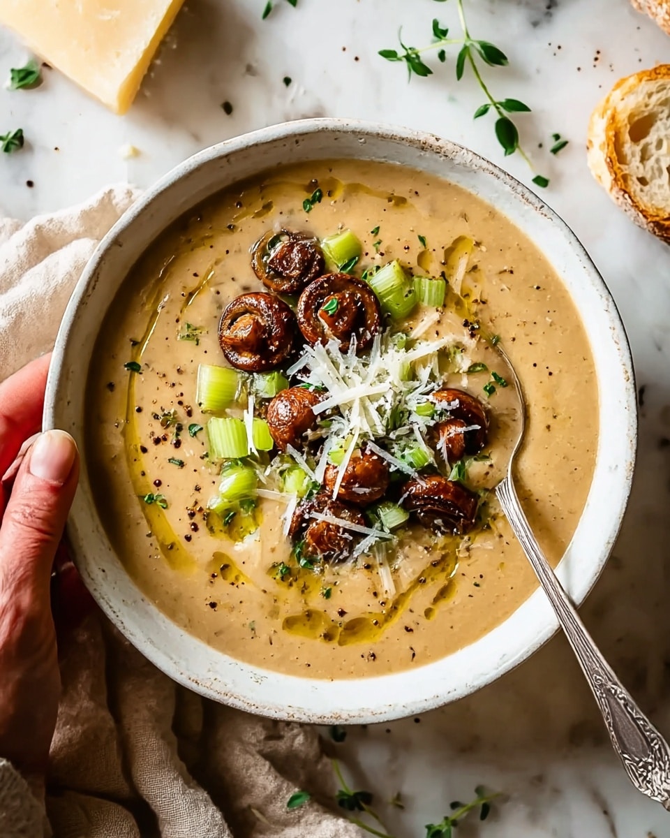 A bowl filled with creamy light brown soup forms the base layer, smooth in texture and slightly shiny. On top is a cluster of sautéed small brown mushrooms, some halved, adding a glossy, rich appearance. Diced, soft green celery pieces with a bit of white form a second layer above the soup, mixed in with the mushrooms. Light shreds of white cheese sprinkle over the center, melting slightly and mingling with finely chopped green herbs scattered gently around. A drizzle of golden olive oil glistens on the surface, and tiny black pepper flakes spread across the soup. A vintage silver spoon with a woman's hand holding it rests on the right side in the bowl. The bowl is white with a subtle rustic finish, set on a white marbled surface with a beige cloth and fresh green herb sprigs nearby, along with a piece of bread and a wedge of cheese on the side. Photo taken with an iphone --ar 4:5 --v 7