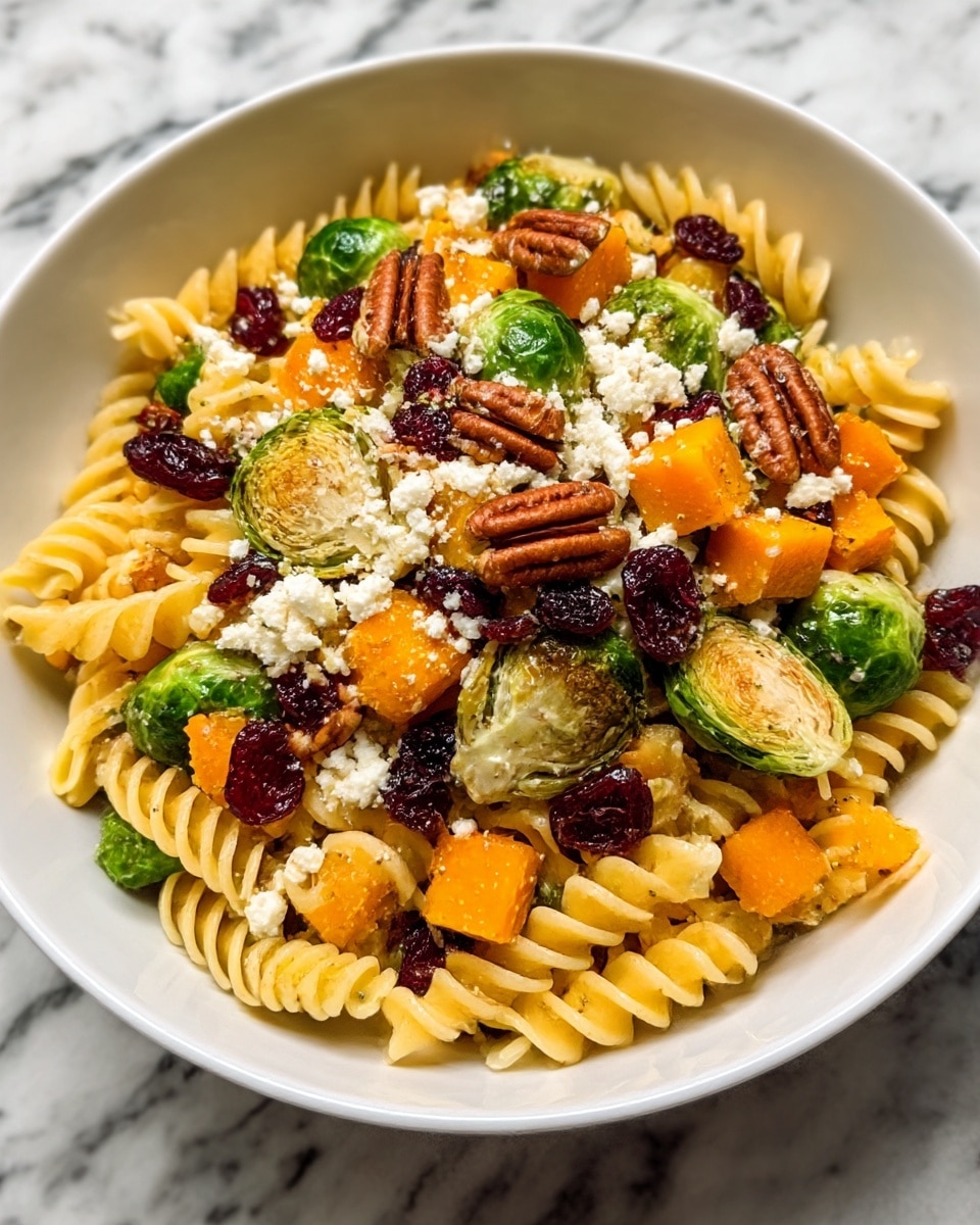 A white bowl filled with a colorful pasta salad sits on a white marbled surface. The bottom layer is light yellow spiral rotini pasta. Scattered on top are bright green roasted Brussels sprouts, orange roasted butternut squash cubes, and deep red dried cranberries. The dish is sprinkled with white crumbled cheese and whole brown pecans, adding texture and contrast. The ingredients are mixed closely, creating a vibrant and appetizing look. Photo taken with an iphone --ar 4:5 --v 7