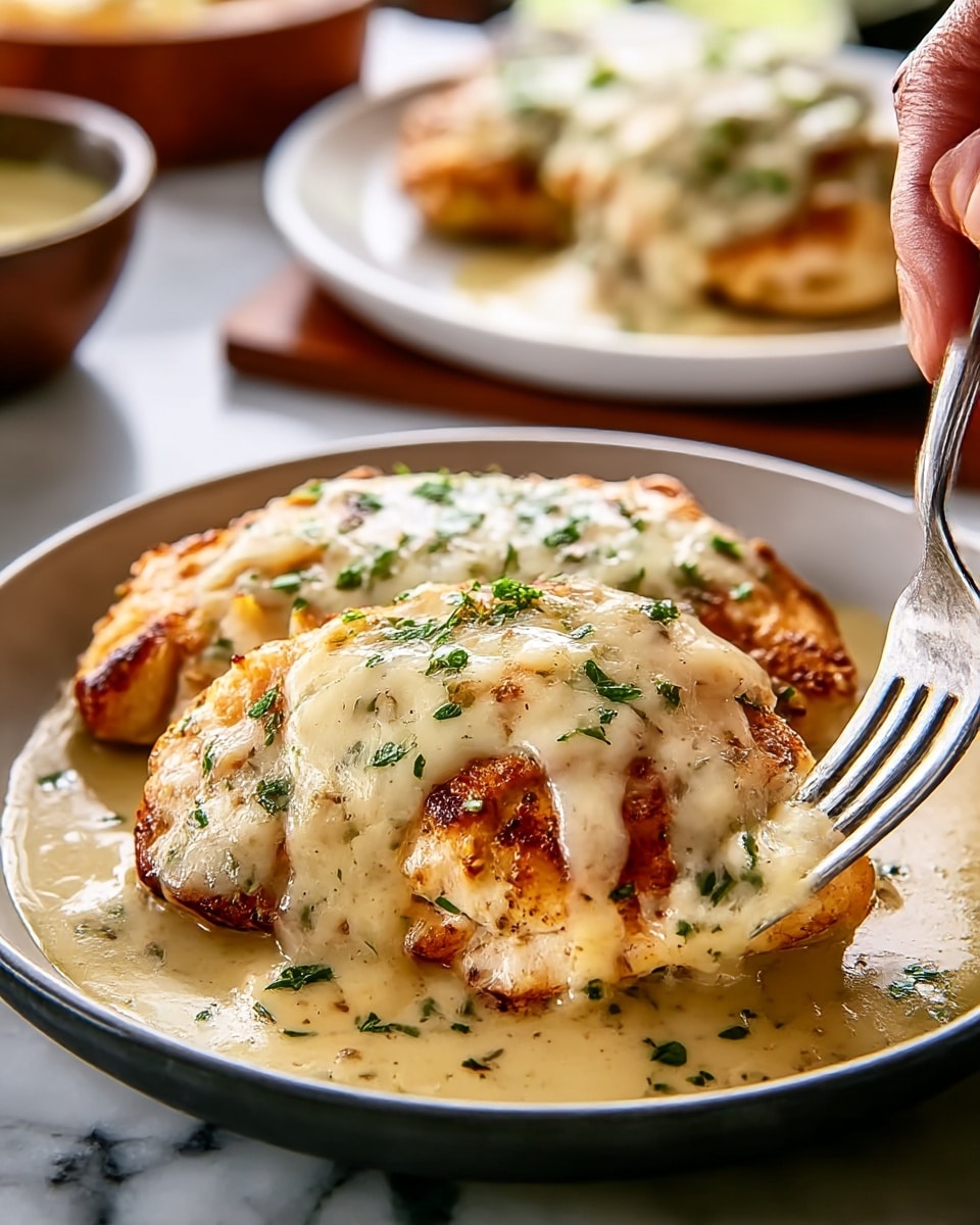 A close-up image of two golden-brown grilled chicken breasts topped with a thick layer of melted creamy cheese sauce, sprinkled with chopped green herbs on top. The chicken pieces rest on a pool of light beige sauce that covers the bottom of a shallow white bowl. A metal fork is held by a woman's hand, positioned behind the bowl with part of the tines touching the food. The background features another white plate with a similar dish and out-of-focus elements, all set on a white marbled surface. photo taken with an iphone --ar 4:5 --v 7