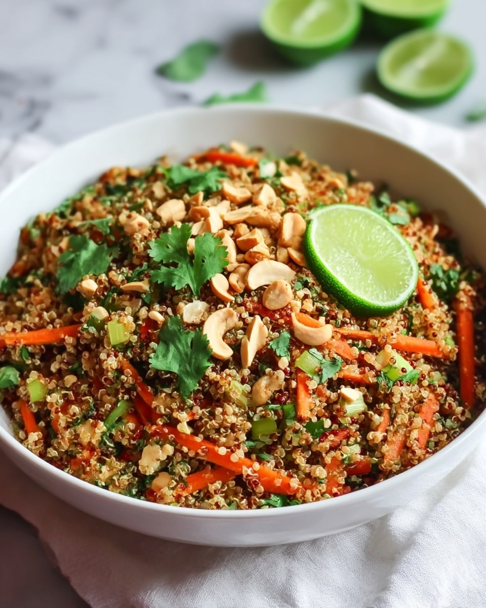 A white bowl filled with a textured quinoa salad showing many tiny, round quinoa grains as the base layer. Mixed evenly throughout are thin orange carrot strips and small green celery pieces adding color and crunch. Scattered on the top layer are chopped peanuts in a light brown shade, along with fresh, green cilantro leaves offering a leafy texture. Placed near the rim of the bowl is a bright green lime wedge, adding a pop of color. The bowl rests on a white cloth over a white marbled surface, with lime halves blurred in the background. Photo taken with an iphone --ar 4:5 --v 7