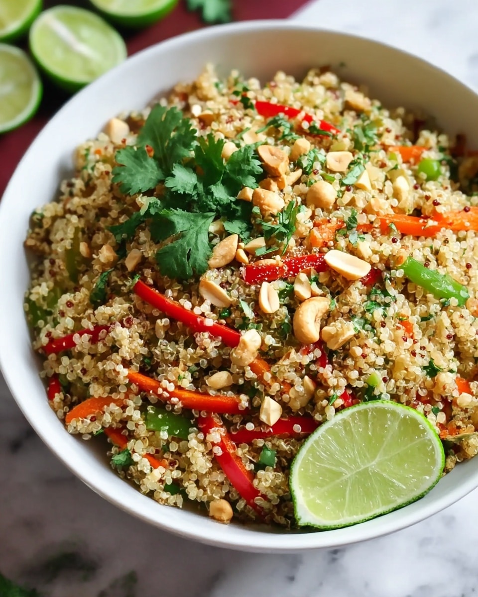 A white bowl filled with a colorful quinoa salad showing three main layers: the base layer is tiny quinoa grains in white and pale brown shades, mixed with thin slices of red and green bell peppers spread evenly; the middle layer contains small light brown peanut pieces scattered throughout; the top layer is garnished with bright green fresh cilantro leaves and a wedge of lime placed near the side of the bowl, all sitting on a white marbled surface with some lime halves blurred in the background, photo taken with an iphone --ar 4:5 --v 7