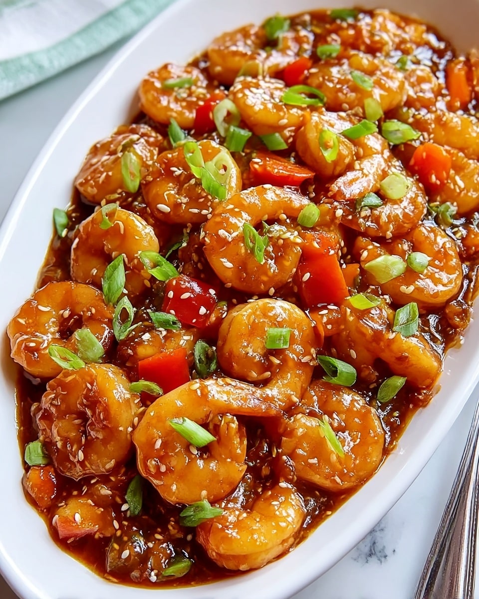 A white oval dish filled with a glossy mix of cooked shrimp that have an orange-pink color and firm texture. The shrimp are layered with small pieces of bright red bell pepper and chopped green onions scattered on top. The dish is coated in a shiny, dark brown sauce with a thick consistency that covers all ingredients evenly. White sesame seeds are sprinkled across the surface, adding small, rough-textured white dots. The dish is placed on a white marbled surface, and part of a silver fork is visible to the side. photo taken with an iphone --ar 4:5 --v 7