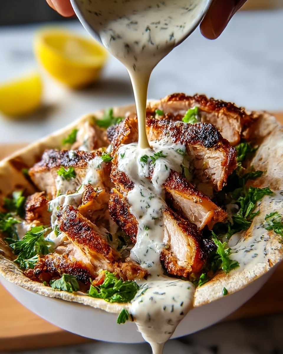 A white bowl filled with thick slices of grilled chicken that are dark brown with a crispy texture on the outside, layered over a white flatbread base. The chicken pieces are scattered with fresh green parsley leaves. Creamy white sauce with green herb specks is being poured over the chicken from above by a woman's hand, adding a smooth, slightly runny texture. A slice of yellow lemon is blurred in the background on a white marbled surface, enhancing the fresh look. The whole dish looks hearty and richly seasoned. photo taken with an iphone --ar 4:5 --v 7