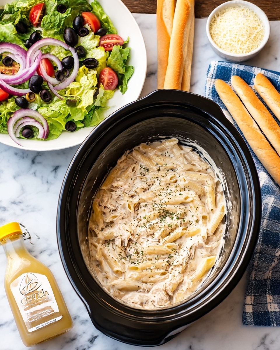 A black slow cooker filled with creamy pasta that has three visible layers: a bottom layer of shredded chicken, a middle layer of thick, creamy white sauce, and a top layer of penne pasta coated in the sauce, sprinkled with dried green herbs and grated cheese. To the left is a white bowl with a colorful salad of green lettuce, sliced red onions, black olives, tomato slices, and yellow pepperoncini. Below the salad is a bottle of Italian dressing with a yellow cap, lying on a white marbled surface. To the right of the slow cooker, fresh breadsticks rest on a cloth napkin with a blue checkered pattern, and next to them is a small white bowl filled with grated cheese, all set on the white marbled surface. Photo taken with an iphone --ar 4:5 --v 7