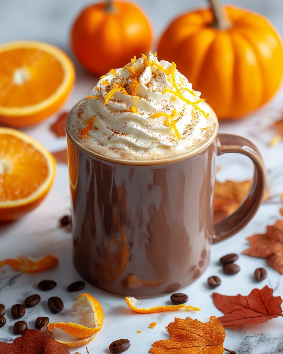 A tall brown ceramic mug filled with a creamy light brown drink, topped with a large swirl of white whipped cream sprinkled with light brown spice and bright orange zest strands. The mug sits on a white marbled surface scattered with brown coffee beans, orange peel twists, and dried orange and brown autumn leaves. In the background, a halved bright orange citrus fruit and small orange pumpkins add a festive touch. The scene captures a cozy, warm fall atmosphere. photo taken with an iphone --ar 4:5 --v 7
