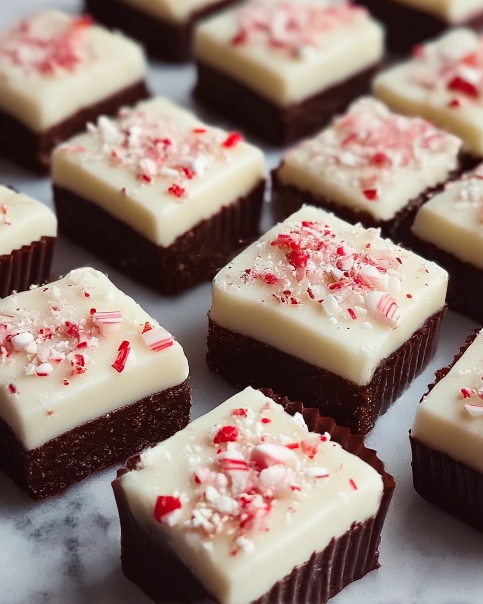 The image shows several square-shaped treats arranged closely together on a white marbled surface, each treat consists of two layers: the bottom layer is a dark brown chocolate base with a slightly rough texture, placed inside a dark brown paper liner with ridges, and the top layer is a smooth, creamy white layer that covers the chocolate base fully. The white layer is sprinkled with small bits of crushed red and white candy pieces, giving a colorful contrast to the smooth white layer. The treats are evenly spaced and fill the frame, with a soft, natural light highlighting their textures and colors. photo taken with an iphone --ar 4:5 --v 7