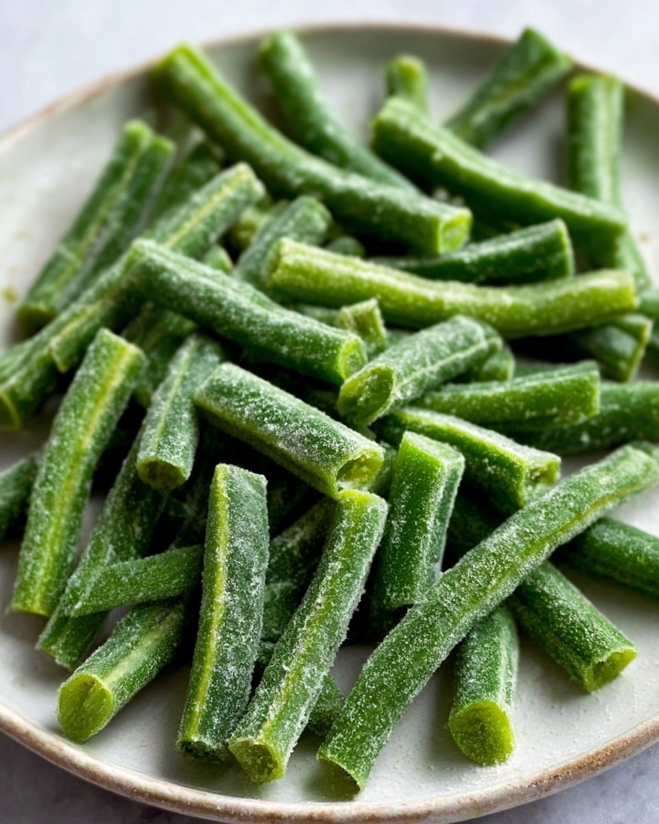 A close-up view of a white bowl filled with frozen green beans covered in a thin layer of ice crystals, giving them a slightly frosty, matte texture. The green beans are fresh with vibrant green color, some pieces stacked unevenly showing a natural rough surface and a few light white frost patches. In the blurred background, more green beans and hints of yellow are visible on a white marbled texture. Photo taken with an iphone --ar 4:5 --v 7