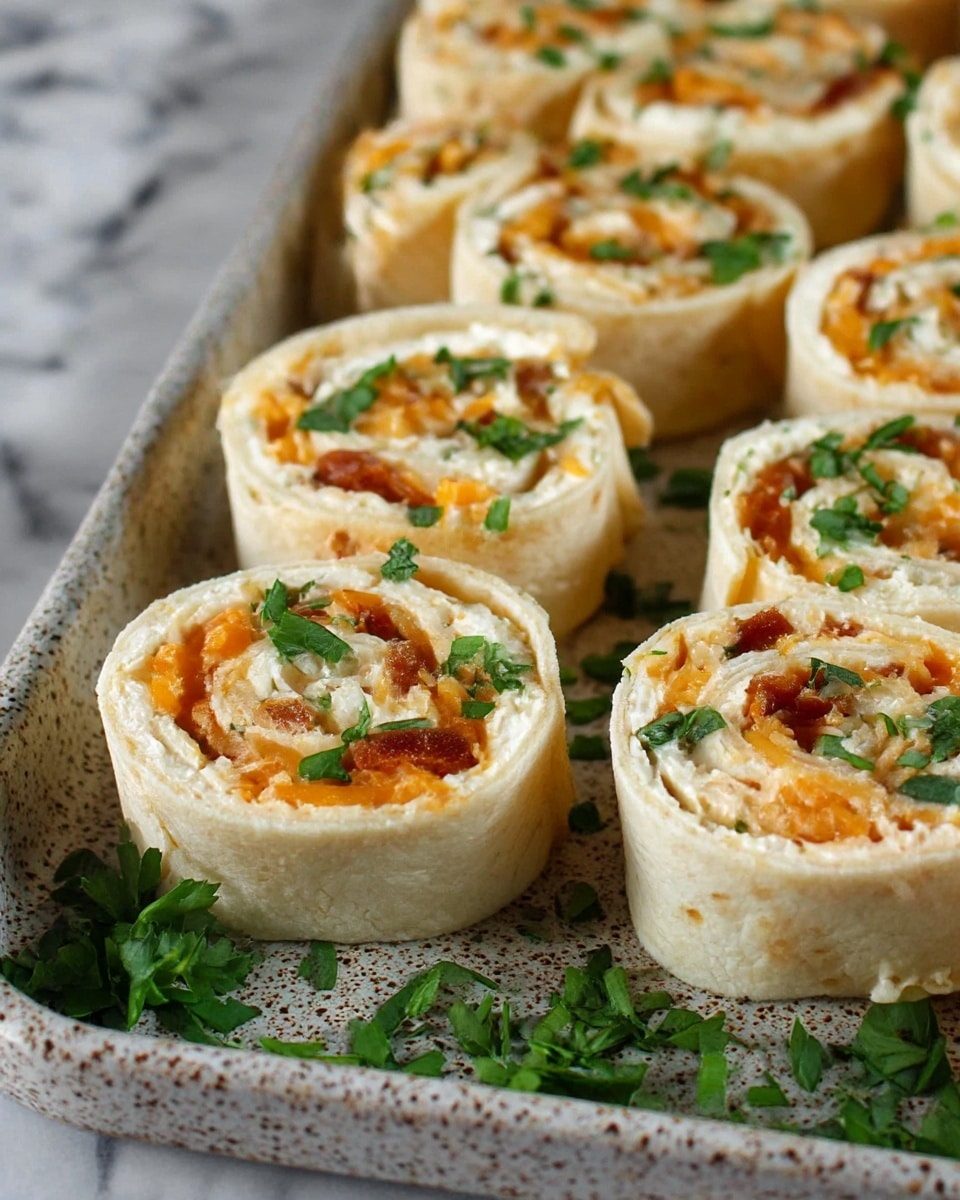 The image shows a close-up of several small pinwheel sandwiches arranged in rows on a speckled serving tray. Each pinwheel has three visible layers: a soft, light beige tortilla wrap on the outside, a creamy white layer of spread inside, and a mix of shredded orange and white cheese with small green herb pieces and bits of reddish meat or pepper filling the center. The pinwheels are sprinkled with fresh green chopped herbs on top and around the tray, creating a fresh look. The background is a white marbled texture. photo taken with an iphone --ar 4:5 --v 7
