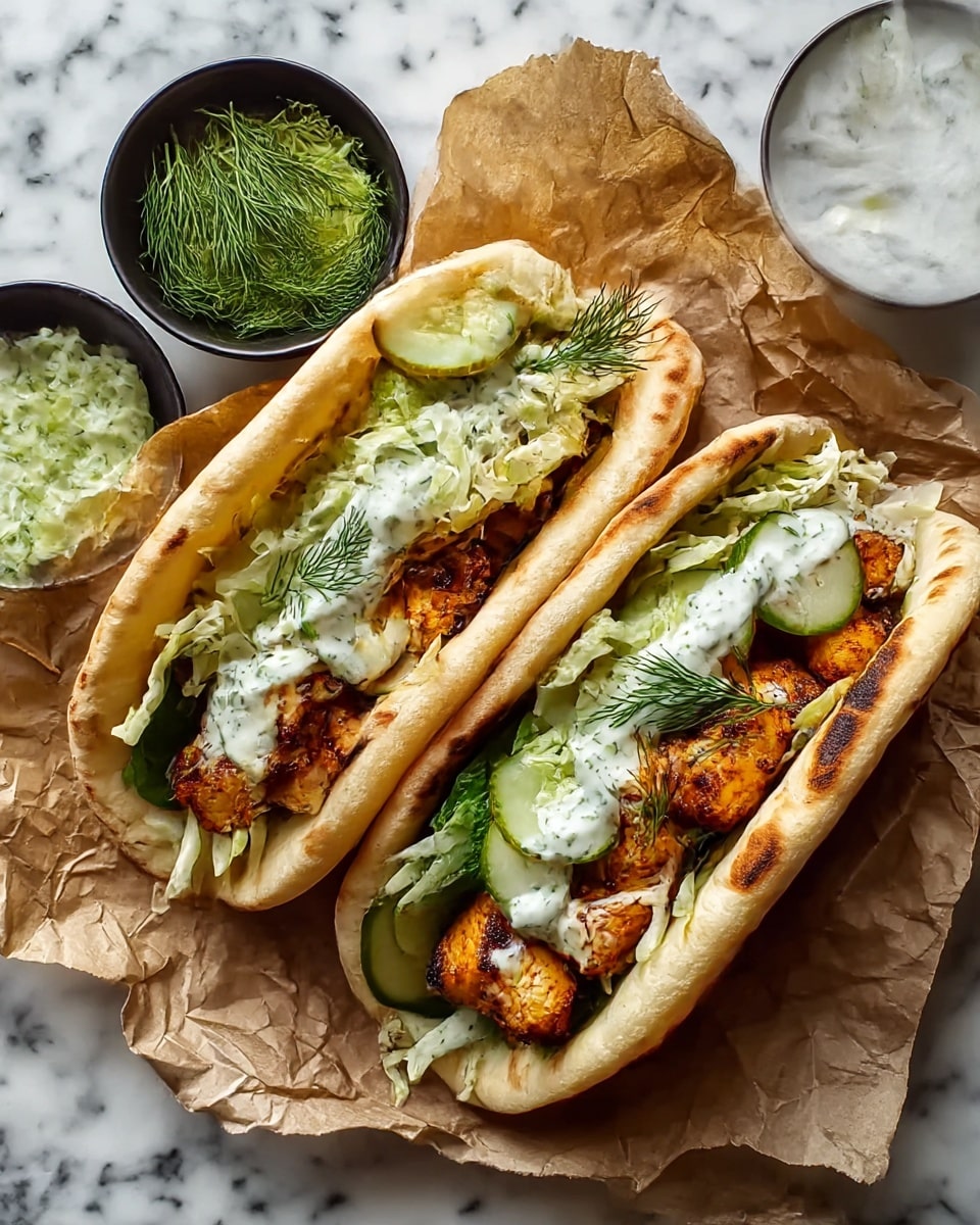Two pita sandwiches sit on crumpled brown paper, each stuffed with layers of golden-brown grilled chicken pieces at the base, followed by green spinach leaves, thin slices of light green pickles, shredded pale green lettuce piling on top, with a drizzle of white creamy sauce mixed with green herbs over the lettuce, all enclosed in warm, soft pita bread with a toasted golden-brown surface. Fresh dill sprigs garnish the sandwiches. Next to the sandwiches, there are two small black bowls filled with more shredded lettuce and the green herb sauce, all placed on a white marbled surface. Photo taken with an iphone --ar 4:5 --v 7