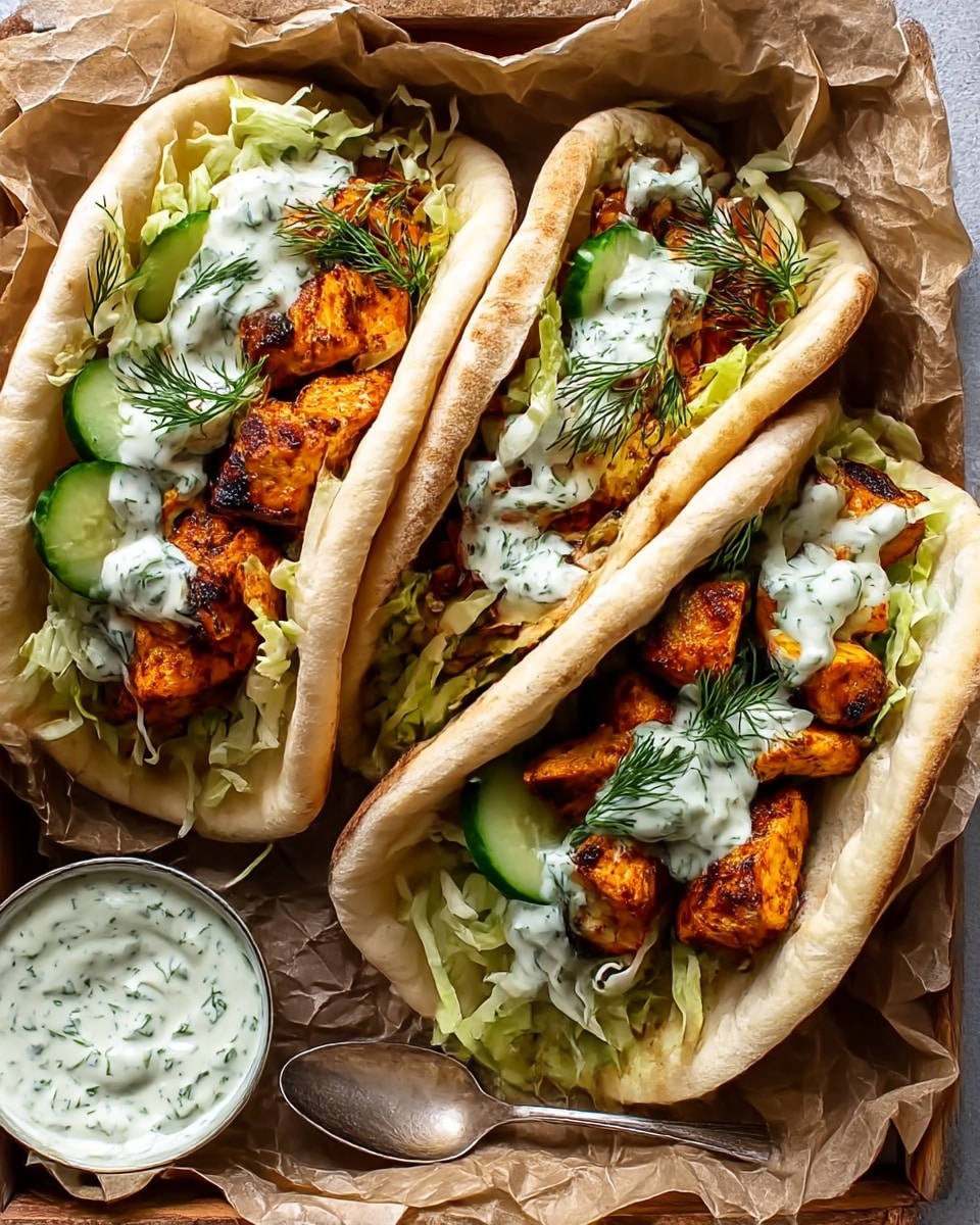Three pita pockets filled with grilled, orange-brown chicken pieces at the bottom, topped with thin, light green shredded lettuce and a mix of cucumber slices. Above this is a creamy white sauce with green herb flecks drizzled inside, garnished with fresh dill sprigs. The pita bread is light brown and soft, and the food is placed on crumpled brown paper inside a wooden tray, with a small bowl of creamy herb sauce and a spoon beside the sandwiches. Photo taken with an iphone --ar 4:5 --v 7
