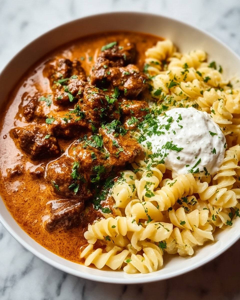 A white bowl filled with two main layers: on the left side, chunks of dark brown beef covered in a rich, creamy orange-brown sauce with some green herb garnish sprinkled on top; on the right side, a portion of pale yellow, spiral-shaped pasta also sprinkled with green herbs, with a small dollop of white cream or sour cream placed between the beef and pasta layers. The bowl sits on a white marbled textured surface. photo taken with an iphone --ar 4:5 --v 7