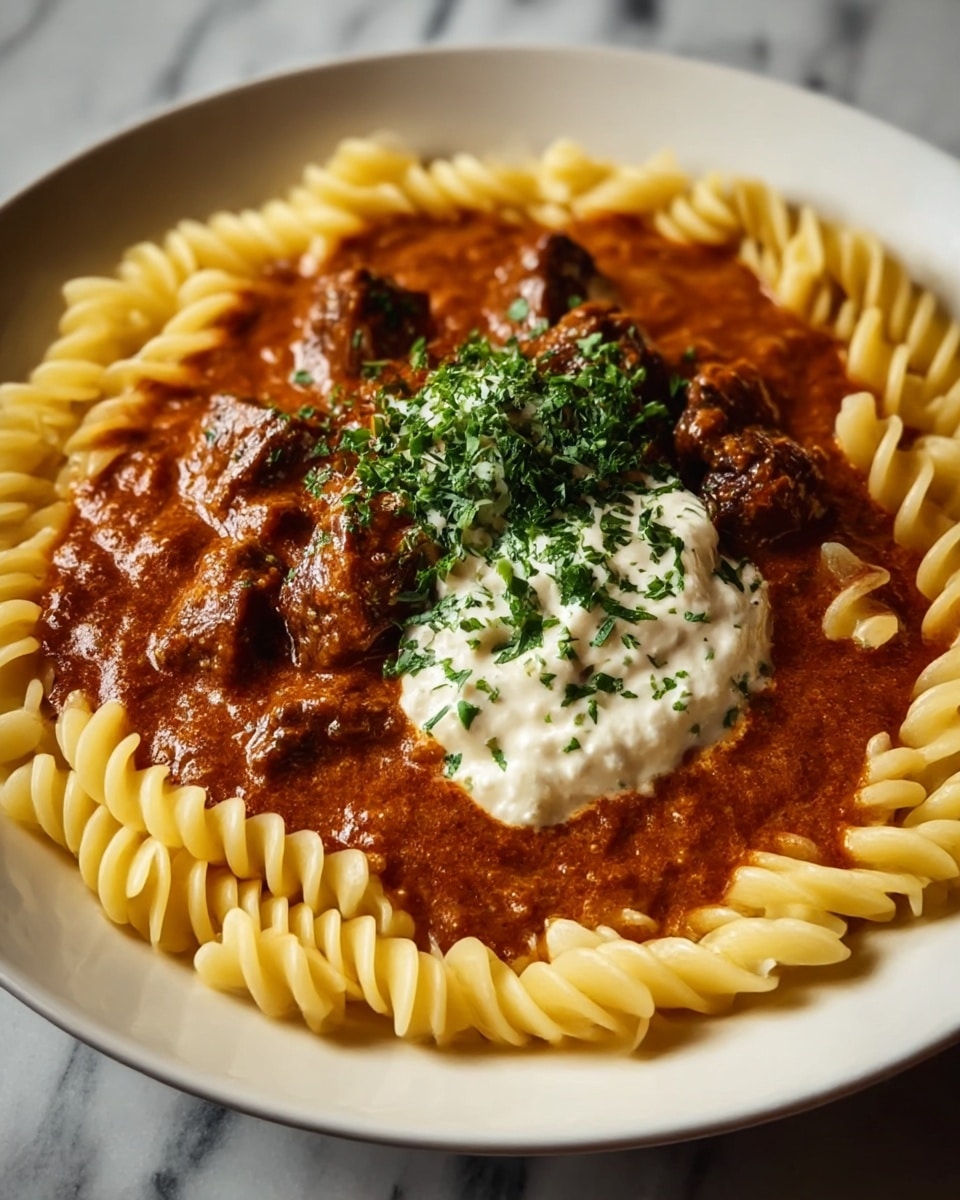 A close-up view of a dish with three main layers: the outer layer is a ring of light yellow spiral pasta with a soft, smooth texture, neatly arranged around the edge of a white plate; inside this ring is a thick, rich reddish-brown sauce with visible chunks of dark browned beef scattered evenly; in the center, a dollop of creamy white sauce topped with finely chopped green herbs adds a fresh contrast, all sitting on a white marbled surface. photo taken with an iphone --ar 4:5 --v 7