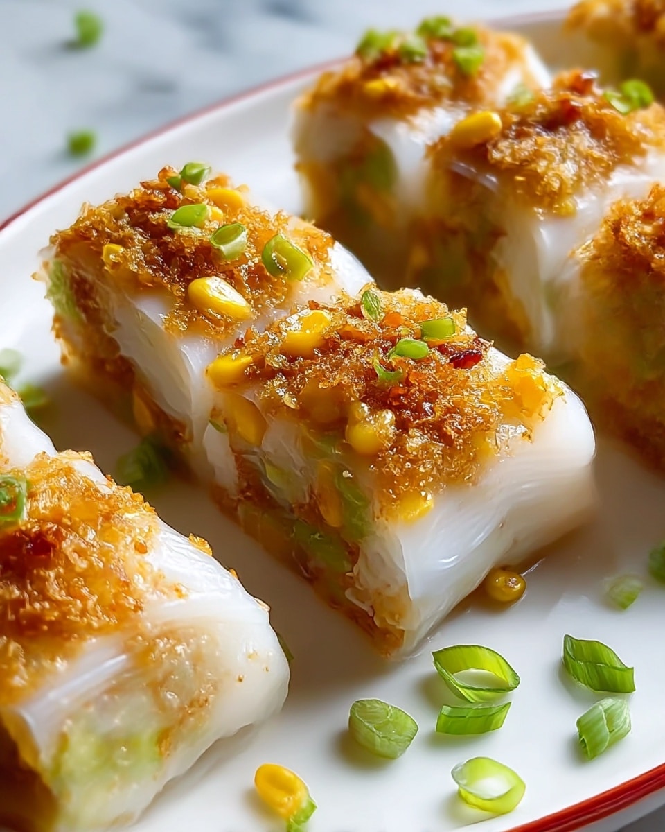 The image shows a close-up of several pieces of translucent white rice rolls filled with layers inside. Each roll has a base layer of soft white rice noodles, topped with a crunchy golden-brown layer mixed with small yellow corn kernels and bits of green onion. The rolls are neatly arranged on a white plate with a thin red rim, placed on a white marbled surface. Scattered green onion pieces add a fresh green touch around the rolls, making the dish look fresh and colorful. The rolls have a shiny, slightly sticky texture, and the photo is taken with an iphone --ar 4:5 --v 7
