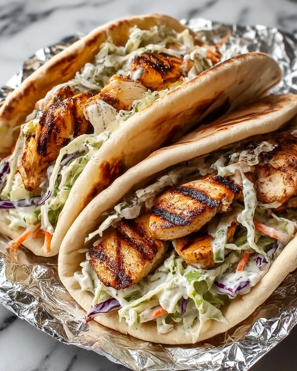 The image shows two pita pockets filled with layers of grilled chicken pieces that are golden brown with grill marks, resting on a bed of creamy coleslaw made from shredded green and purple cabbage and thin carrot strips coated in a light white dressing. The pita bread is slightly toasted with a light brown char on the edges. The sandwiches are placed on crumpled aluminum foil with the background of a white marbled surface visible behind. Photo taken with an iphone --ar 4:5 --v 7