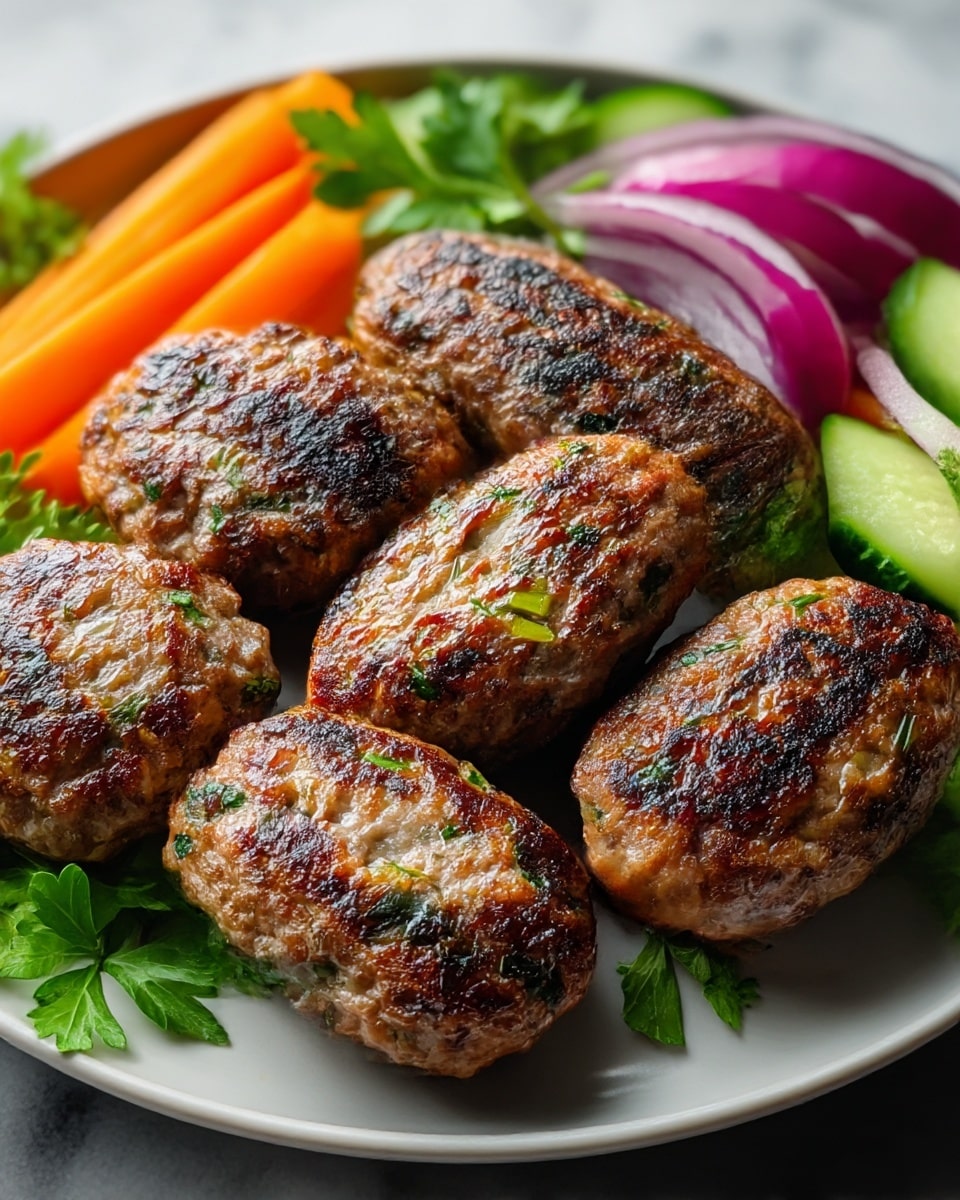 The image shows six grilled meat patties arranged closely on a round white plate. Each patty has a browned, slightly charred top with visible green herb bits mixed inside, giving them a textured and juicy look. Behind the patties, there are thick slices of fresh vegetables including orange carrot sticks, green cucumber slices, and chunks of purple-red onion, all resting on the plate. Some fresh green parsley leaves are scattered around the meats and vegetables, adding a touch of vibrant color. The whole scene is set on a white marbled surface, enhancing the fresh and clean presentation. photo taken with an iphone --ar 4:5 --v 7