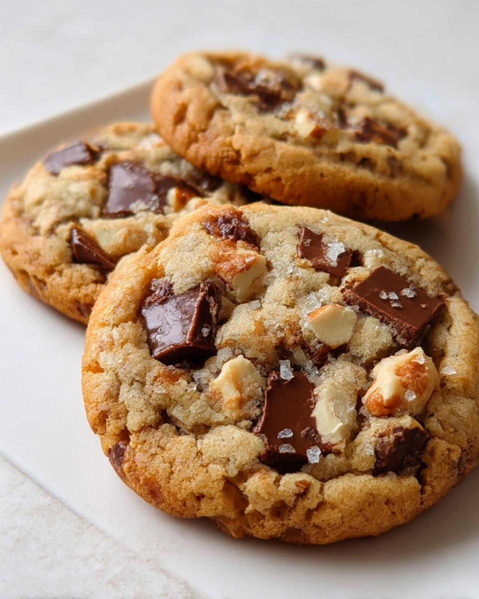The image shows a close-up of three homemade cookies stacked slightly on a white plate, placed on a white marbled texture surface. The cookies have a golden-brown base with a slightly crispy texture on the edges and a softer center. Each cookie is loaded with chunky pieces of milk chocolate and chopped nuts, which add a mix of smooth, glossy dark brown and light cream colors across the surface. The texture is crumbly with visible cracks and small sugar crystals that glisten subtly. Photo taken with an iphone --ar 4:5 --v 7