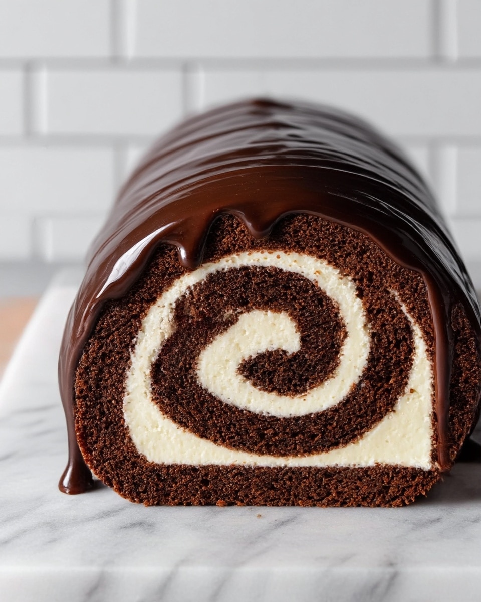 The image shows a close-up of a chocolate roll cake with a spiral pattern. The cake has two main layers: a dark brown chocolate sponge layer rolled with a light cream filling, creating a clear and even swirl inside. The top of the roll is covered with a thick, smooth, glossy dark chocolate glaze that drips slightly down the sides. The cake is placed on a white marbled surface with white tiled background. Photo taken with an iphone --ar 4:5 --v 7