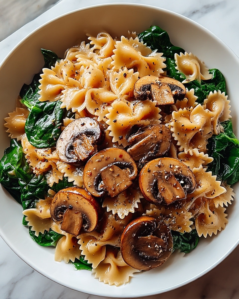 A white bowl filled with three main layers: the bottom layer is dark green spinach leaves with a smooth, slightly shiny texture; the middle layer consists of sautéed brown mushrooms sliced in half with a glossy surface; the top layer is light brown farfalle pasta spread evenly, with a slight sheen from sauce and sprinkled black pepper flakes; all ingredients are mixed together, presented on a white marbled surface. photo taken with an iphone --ar 4:5 --v 7