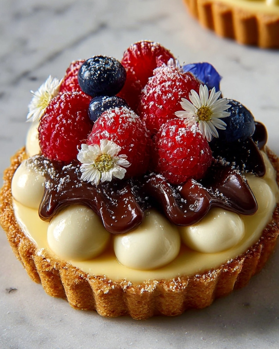 A small tart with four layers: the bottom layer is a crumbly brown golden crust that holds the tart together, topped by a smooth creamy pale yellow layer filled evenly. Above it, there are large dollops of glossy white cream placed around the edge. The next layer is dark, shiny, and rich chocolate sauce spread in a wave shape that covers the white cream dollops. The top layer features bright red raspberries, a dark blue berry, and small white edible flowers, all lightly dusted with powdered sugar. The tart is set on a white marbled surface. photo taken with an iphone --ar 4:5 --v 7