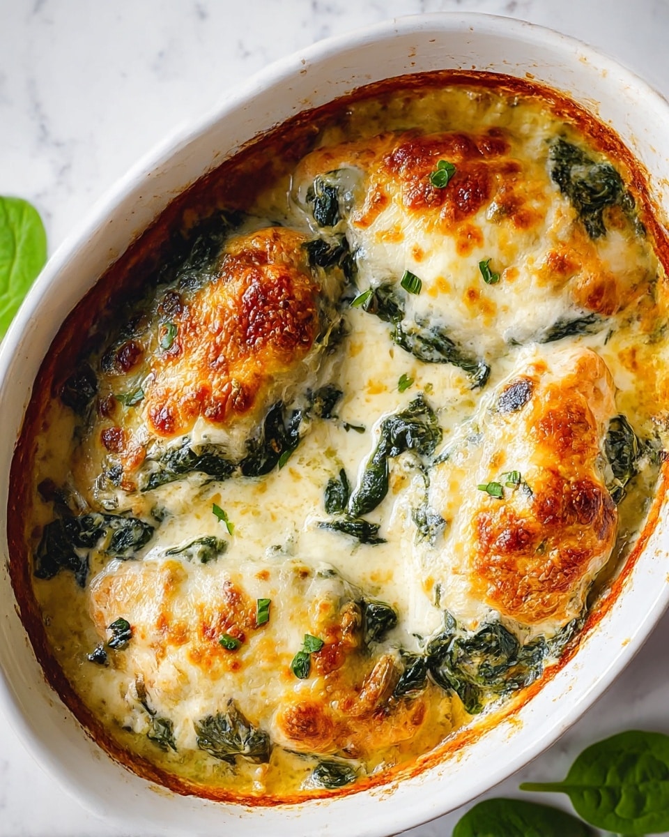 The image shows a white oval baking dish filled with four large pieces of baked chicken breasts topped with melted, golden-brown cheese. Each chicken breast is covered with a layer of cooked spinach mixed in creamy white sauce, visible around the edges of the chicken. The cheese layer has browned spots, giving it a crispy texture, and small green herb pieces are scattered on top. The dish sits on a white marbled surface with a few fresh spinach leaves placed nearby. Photo taken with an iphone --ar 4:5 --v 7
