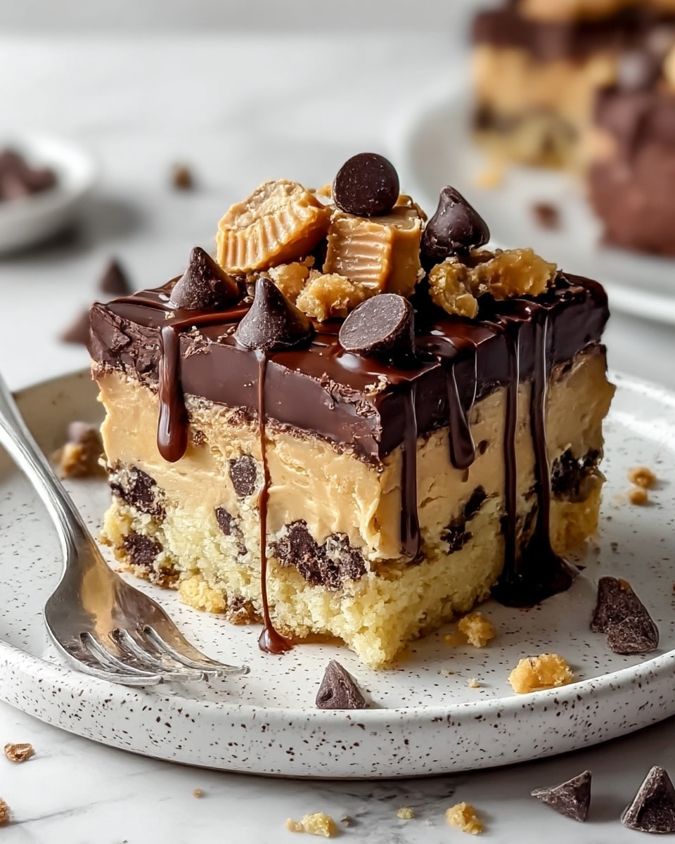 A square dessert bar with four visible layers sits on a white speckled plate with a silver fork. The bottom layer is a crumbly pale yellow base with chocolate bits embedded. Above that is a thick creamy light brown peanut butter layer mixed with more chocolate chunks. The third layer is a dense, shiny dark chocolate coating that drips slightly down the side. On top, there are scattered chunks of light brown peanut butter candy, large dark chocolate chips, and a drizzle of glossy dark chocolate. Crumbs and chocolate chips are scattered around the plate on a white marbled surface. Photo taken with an iphone --ar 4:5 --v 7