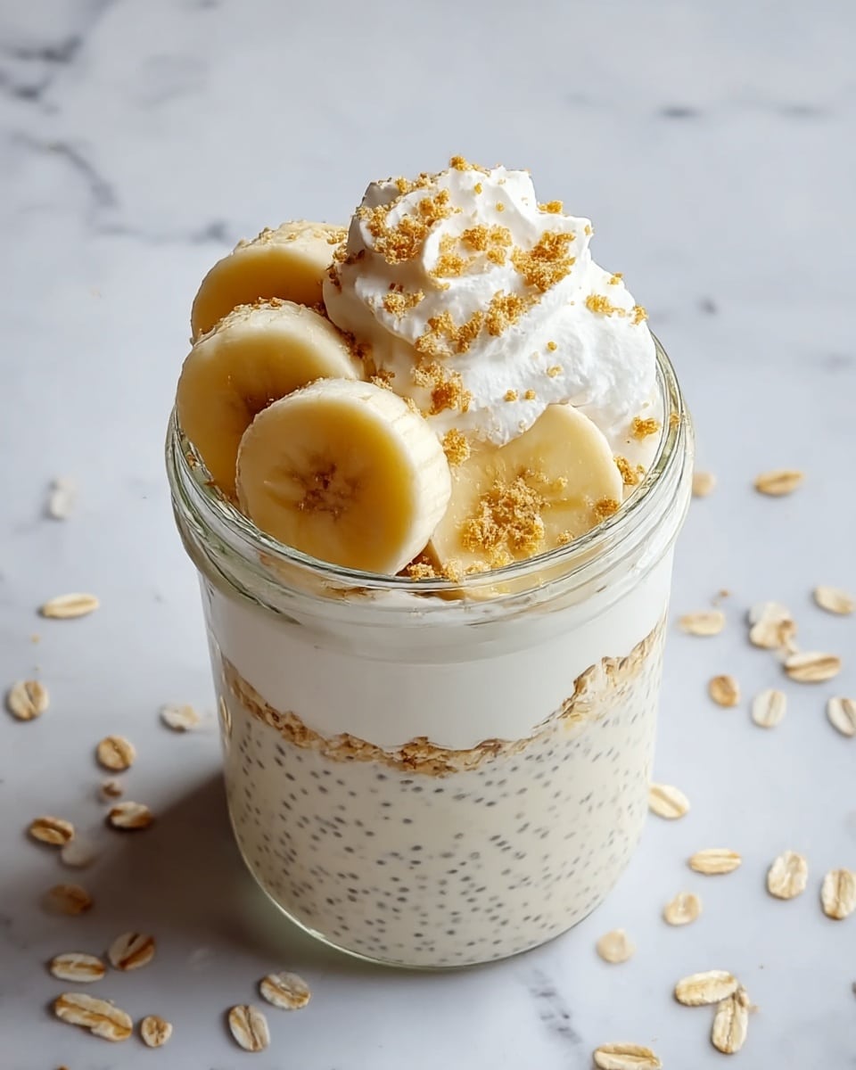 The image shows a clear glass jar filled with three layers: the bottom layer is a creamy oatmeal mixture speckled with chia seeds, the middle layer is thick white yogurt, and the top layer is a generous dollop of whipped cream-like yogurt. On top, there are six round banana slices arranged in a circular pattern, sprinkled lightly with golden brown crumbs for texture. The jar is placed on a white marbled surface, with scattered oat flakes around it. photo taken with an iphone --ar 4:5 --v 7