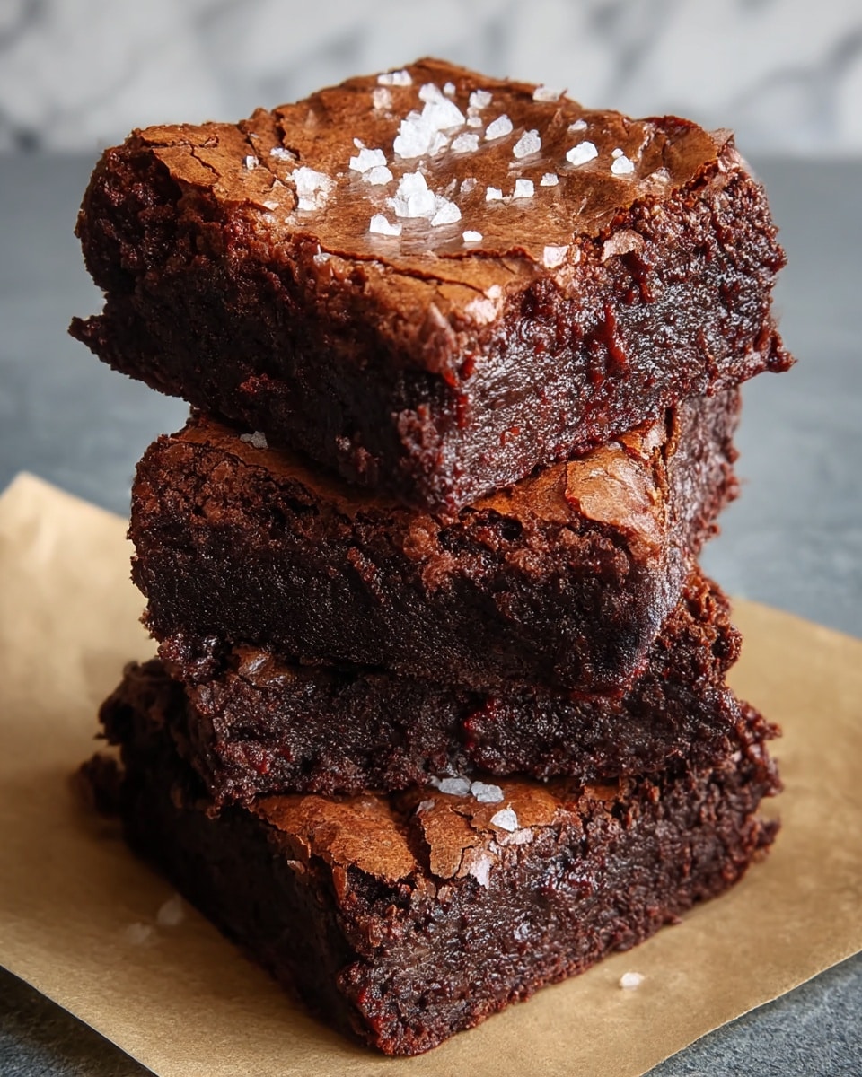 Three thick, square-shaped brownies stacked unevenly on a piece of light brown parchment paper. Each brownie has a cracked, shiny, textured top sprinkled with coarse white sea salt. The brownies show a dense, moist, and fudgy dark brown interior. The background is a white marbled texture. photo taken with an iphone --ar 4:5 --v 7