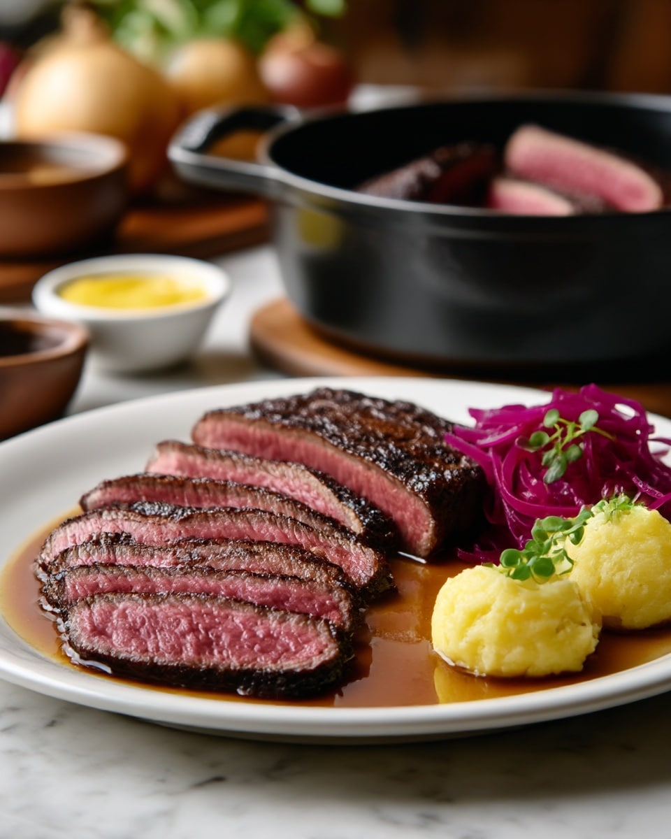 The image shows a white plate on a white marbled surface holding a meal with four main parts: first, five slices of medium rare steak with dark brown crust and pink center, fanned out on the left side; behind the slices is a larger piece of steak, also medium rare with a dark crust and pink inside; to the right are thin strands of bright purple pickled cabbage; and next to the steak slices are two small mounds of piped mashed potatoes with a smooth, creamy yellow color topped with a small green herb. The plate has a light brown sauce from the steak pooling underneath. In the background, a black pot holds more steak, and out of focus are yellow onions and a small bowl of mustard. Photo taken with an iphone --ar 4:5 --v 7