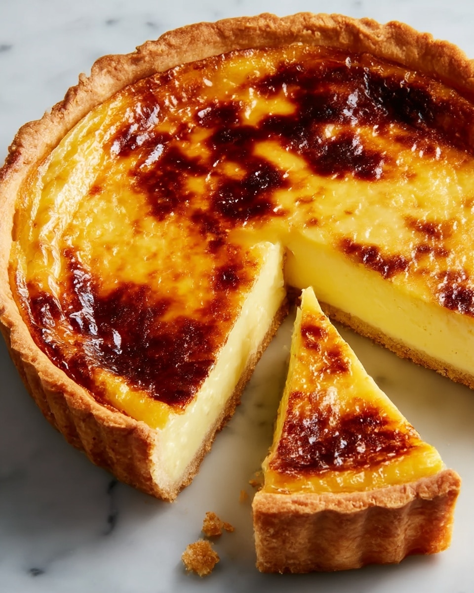 A round tart with a thick, golden-brown crust sits on a white marbled surface. The tart is filled with a creamy yellow custard layer that is smooth and firm, about two-thirds of the height. On top, the custard has a shiny, caramelized layer with dark brown spots scattered unevenly, giving it a toasted look. One wedge-shaped slice is removed, revealing the three main layers clearly: a crisp light brown base crust, the thick pale yellow custard filling, and the glossy browned top. There are a few crumbs near the open slice edge, enhancing the natural, fresh-baked feel. photo taken with an iphone --ar 4:5 --v 7