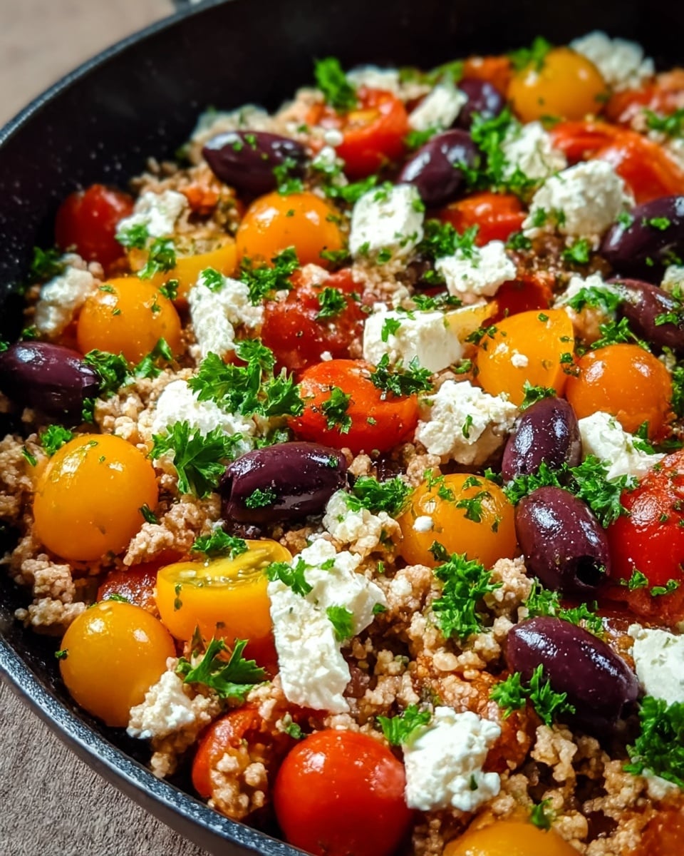 The dish is a colorful mix shown in a black pan, with three main layers visible: the base layer is crumbly, light brown cooked ground meat; scattered on top are bright orange and yellow cherry tomatoes, some whole and some halved, along with dark purple whole and sliced olives; the top layer has small white chunks of feta cheese sprinkled evenly with small green parsley leaves dotting the dish for freshness. The textures vary from smooth and shiny tomatoes to crumbly meat and soft cheese. photo taken with an iphone --ar 4:5 --v 7