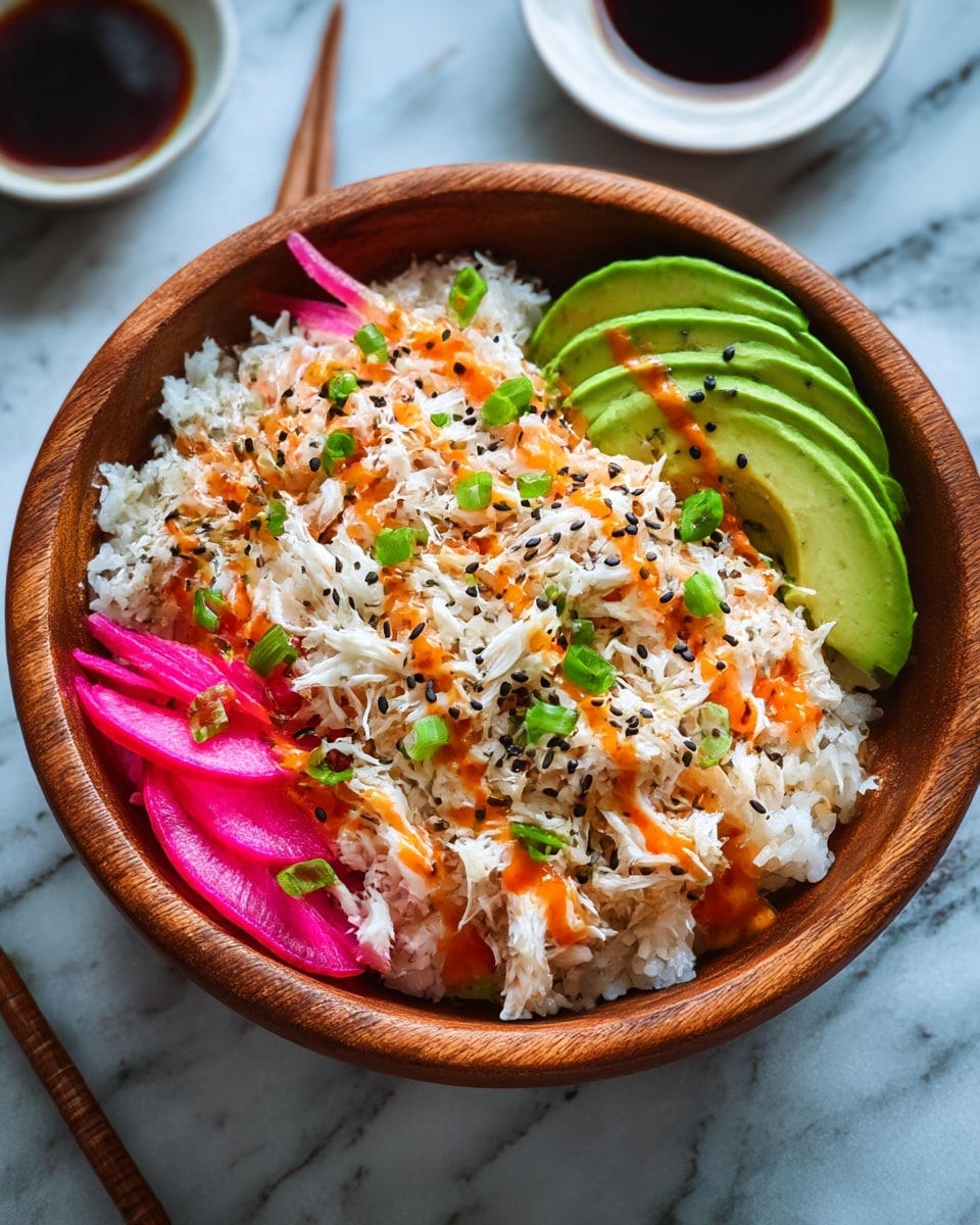 This image shows a wooden bowl filled with a colorful rice bowl dish. The bottom layer is white rice, topped with shredded white crab meat. On one side, there are bright pink pickled radish sticks, and on the other side, thin slices of green avocado arranged in a fan shape. The crab meat is drizzled with orange spicy sauce and sprinkled with black sesame seeds and chopped green onions. The bowl is placed on a white marbled surface, with a pair of chopsticks and a white saucer with soy sauce in the background. photo taken with an iphone --ar 4:5 --v 7