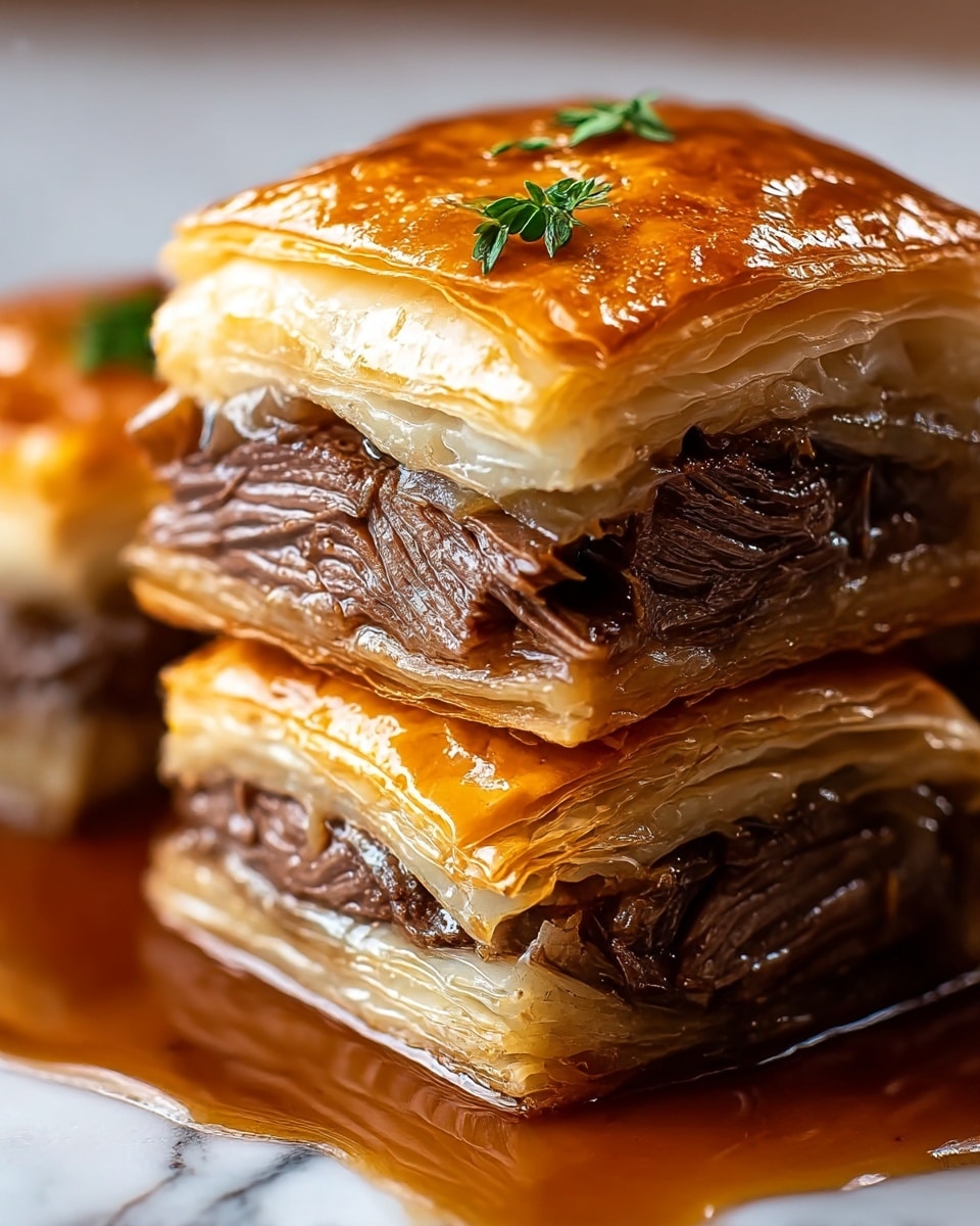 The image shows a close-up of three stacked pieces of beef Wellington, each piece having a distinct three-layer look. The top layer is golden brown, flaky puff pastry with a shiny, slightly glazed finish, decorated with a small green herb sprig on one piece. The middle layer consists of tender, dark brown cooked beef with visible muscle fibers, moist and juicy. The bottom layer is another piece of the flaky puff pastry, light golden and crisp. The pieces are resting on a glossy brown sauce that pools around the base, all set on a white marbled surface. photo taken with an iphone --ar 4:5 --v 7