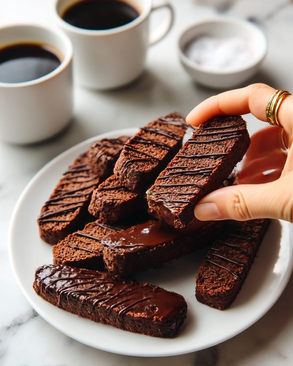 A white plate holds seven dark brown biscotti arranged in a scattered stack, each piece long and oval with a rough, slightly crumbly texture. Five of them have thin dark chocolate drizzled lines on top, while one lays flat with a glossy thick layer of dark melted chocolate covering its surface. A woman's hand with gold rings picks up the biscotti with melted chocolate. In the background, there are two white coffee cups filled with black coffee and a small white bowl with a white powder, all placed on a white marbled surface. photo taken with an iphone --ar 4:5 --v 7