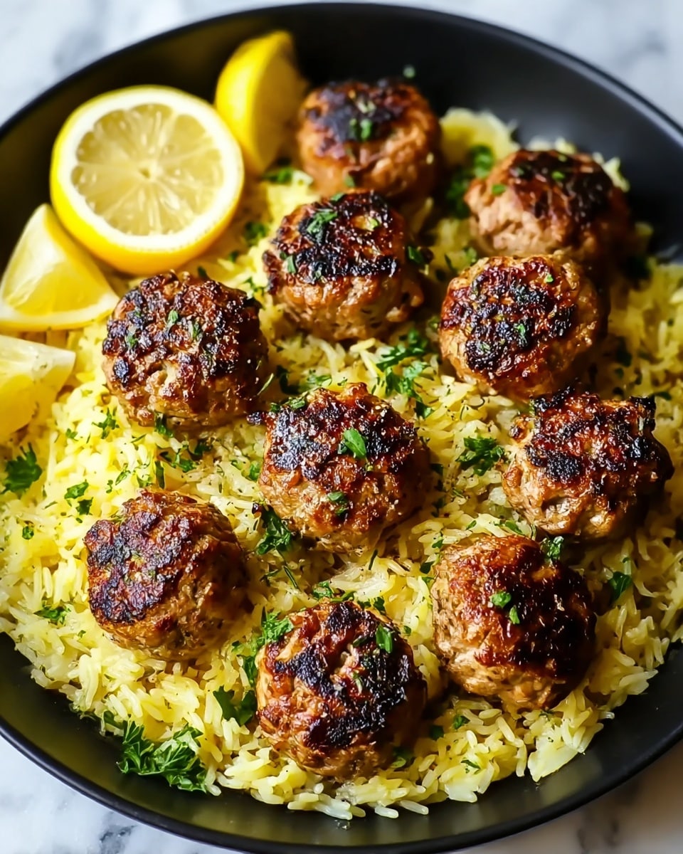 A black plate holds a bed of yellow rice with soft texture filling the bottom layer, topped with eight browned, round meatballs scattered evenly across the rice. Each meatball has a crispy, golden-brown surface with darker charred spots and tiny green herb bits sprinkled on top. On the upper left side of the plate, there is a half lemon slice and small lemon pieces garnished with green herbs. The plate is placed on a white marbled surface. photo taken with an iphone --ar 4:5 --v 7